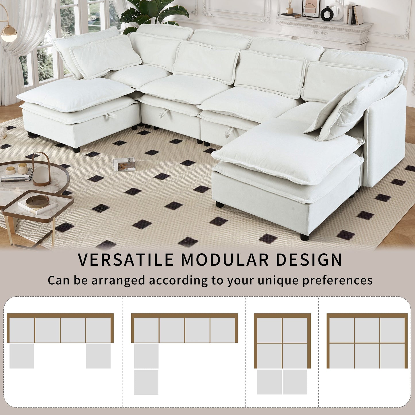 Double-Layer Cushion Modern Large U-Shaped Modular Sofa, Freely Combinable 6-Seater With Storage Function, Convertible