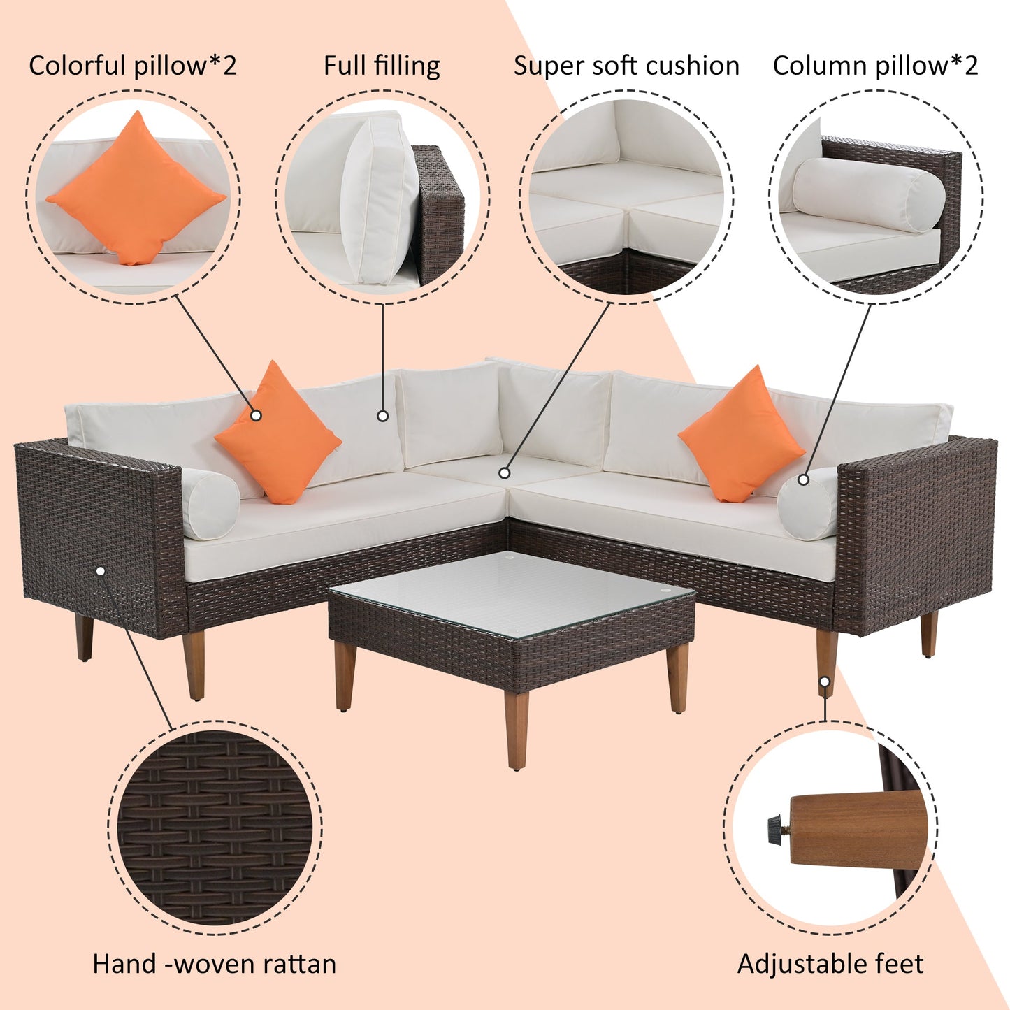 4-Pieces Outdoor Wicker Sofa Set, Patio Furniture With Colorful Pillows, L-Shape Sofa Set