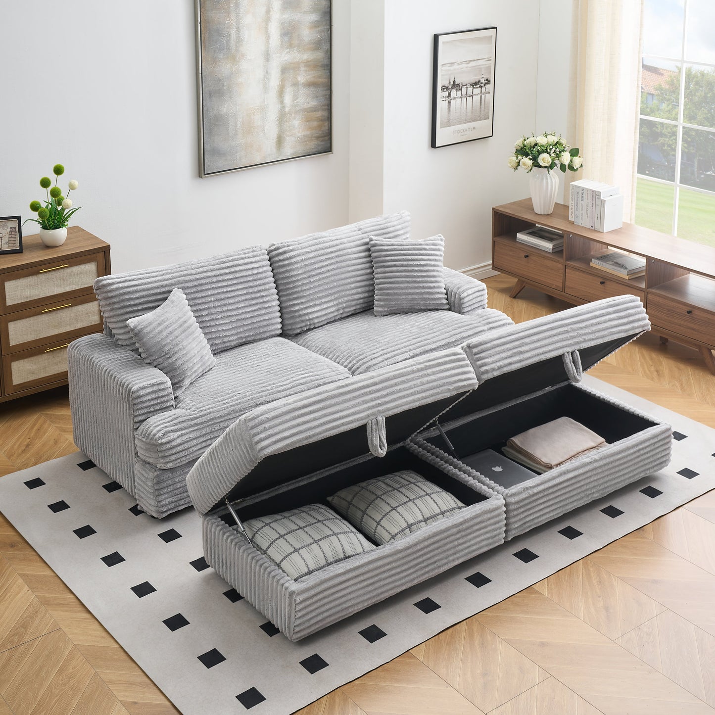 82 Inches Gray Corduroy Sofa, Two Storage Feet +4 Throw Pillows, Create a Living Room, Office Fashion New Darling