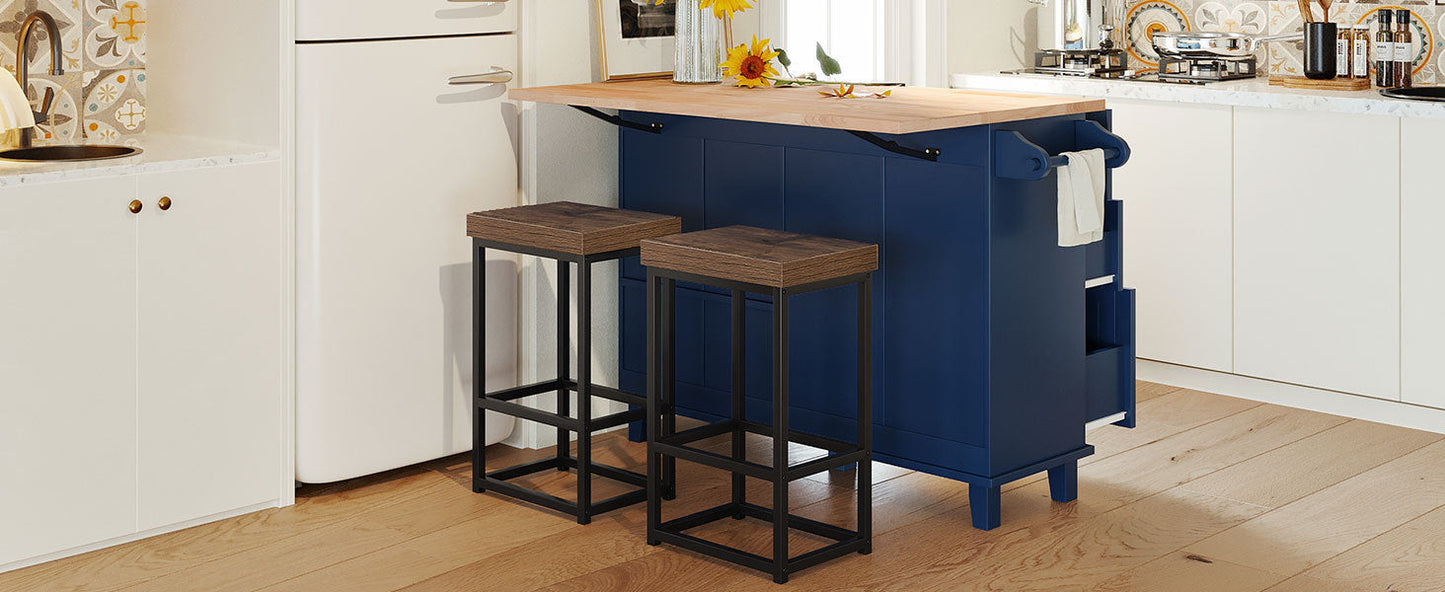 Farmhouse Kitchen Island Set With Drop Leaf and 2 Seatings,Dining Table Set With Storage Cabinet, Drawers and Towel Rack