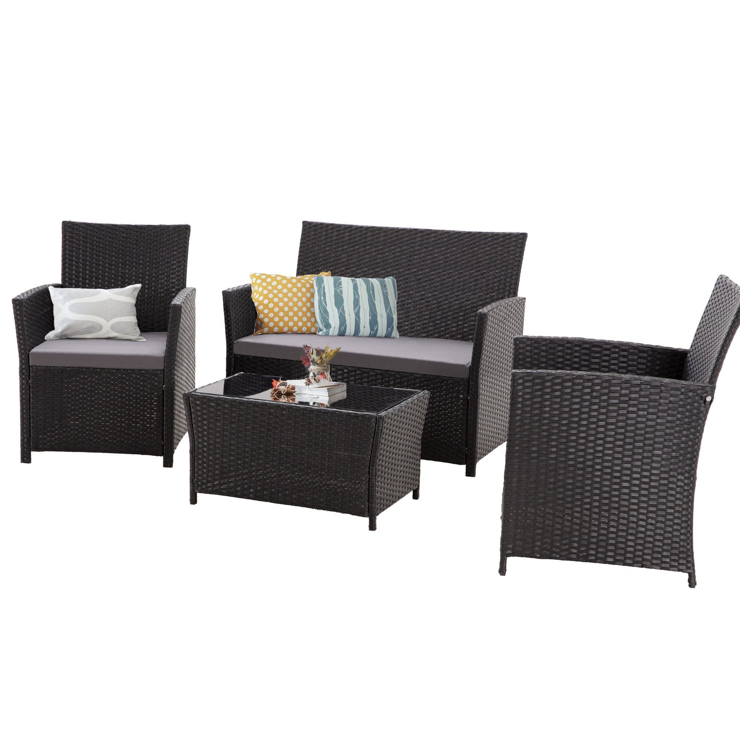 4 Piece Outdoor PE Wicker Furniture Set, Patio Black Rattan Sectional Sofa Couch With Washable Cushions