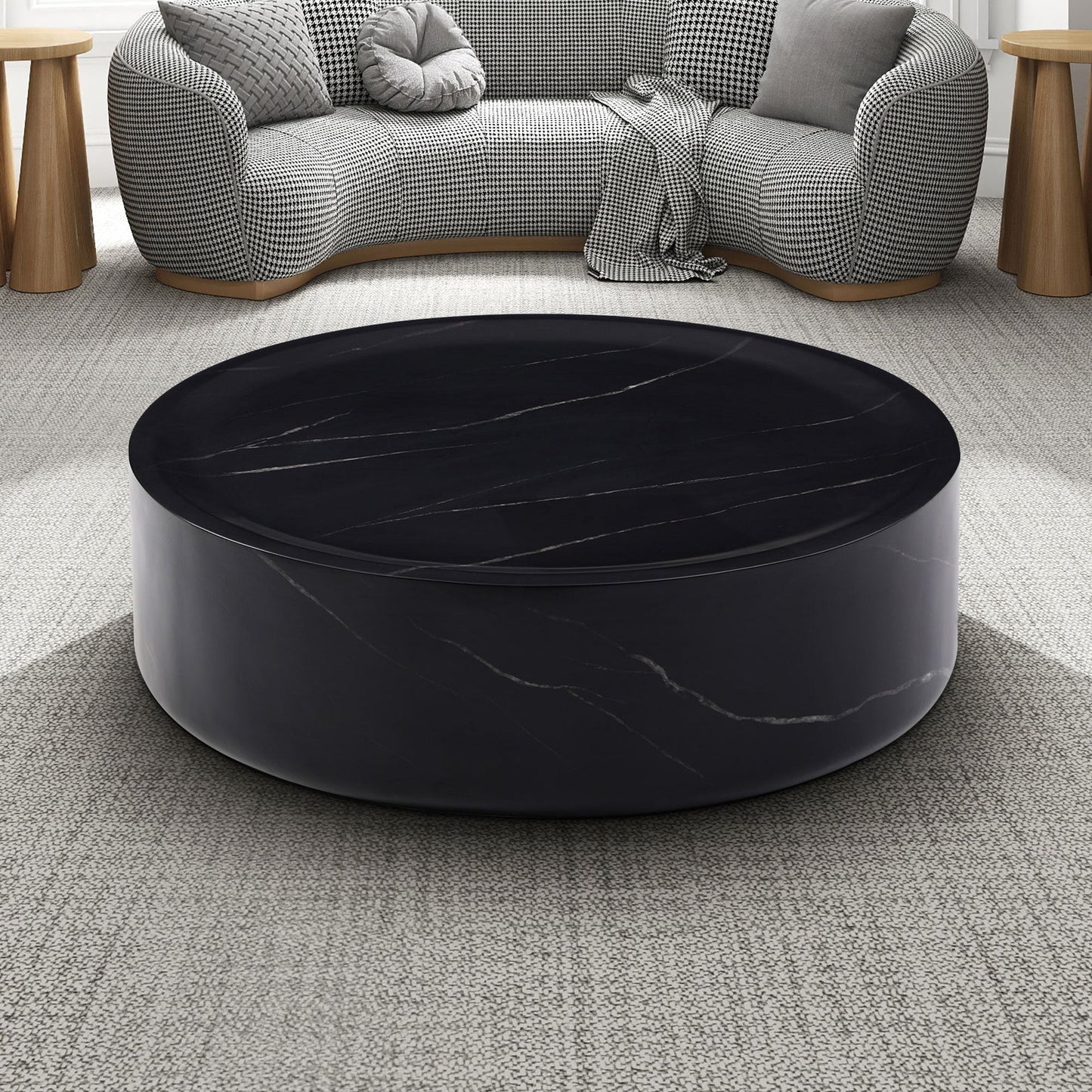 39.37'' Black Marble Round Coffee Table Sturdy Fiberglass Table for Living Room ,No Need Assembly