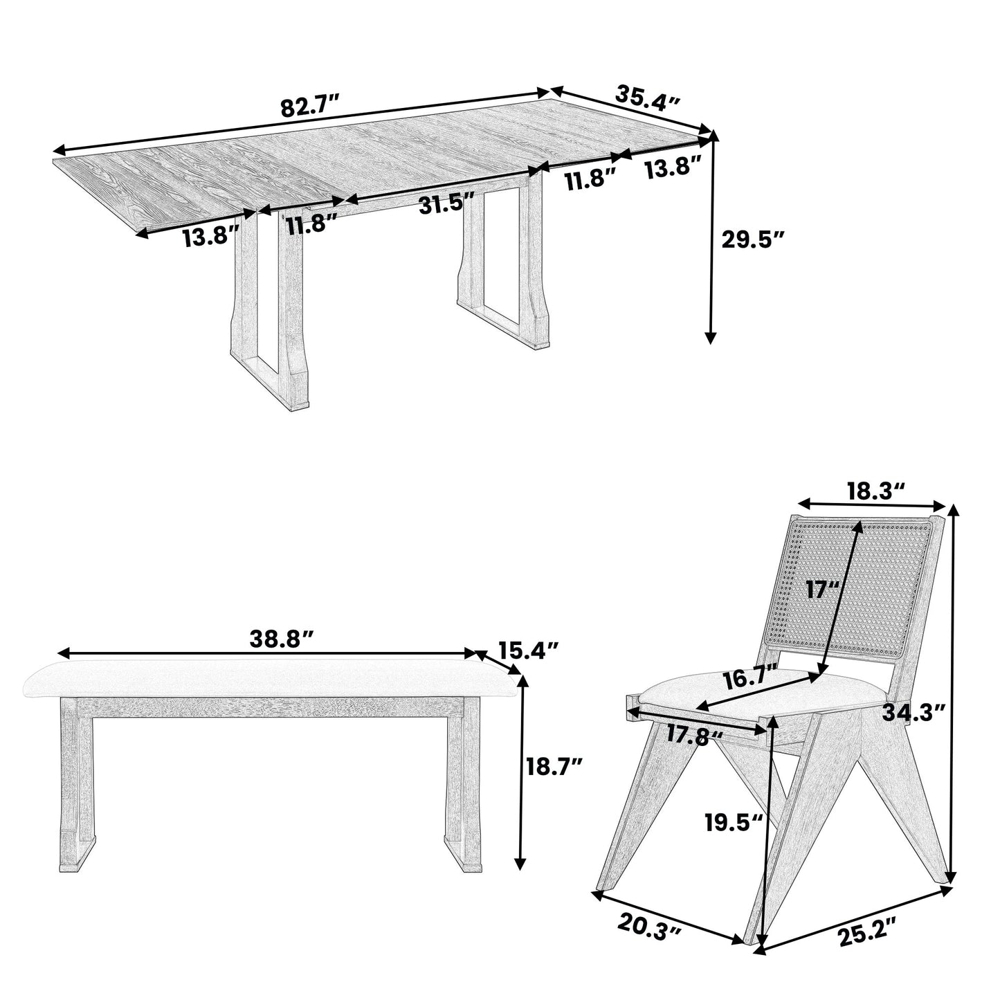 Modern 6-Piece 82.7inch Extendable Dining Table Set With 4 Wicker Back Upholstered Dining Chairs and Long Bench