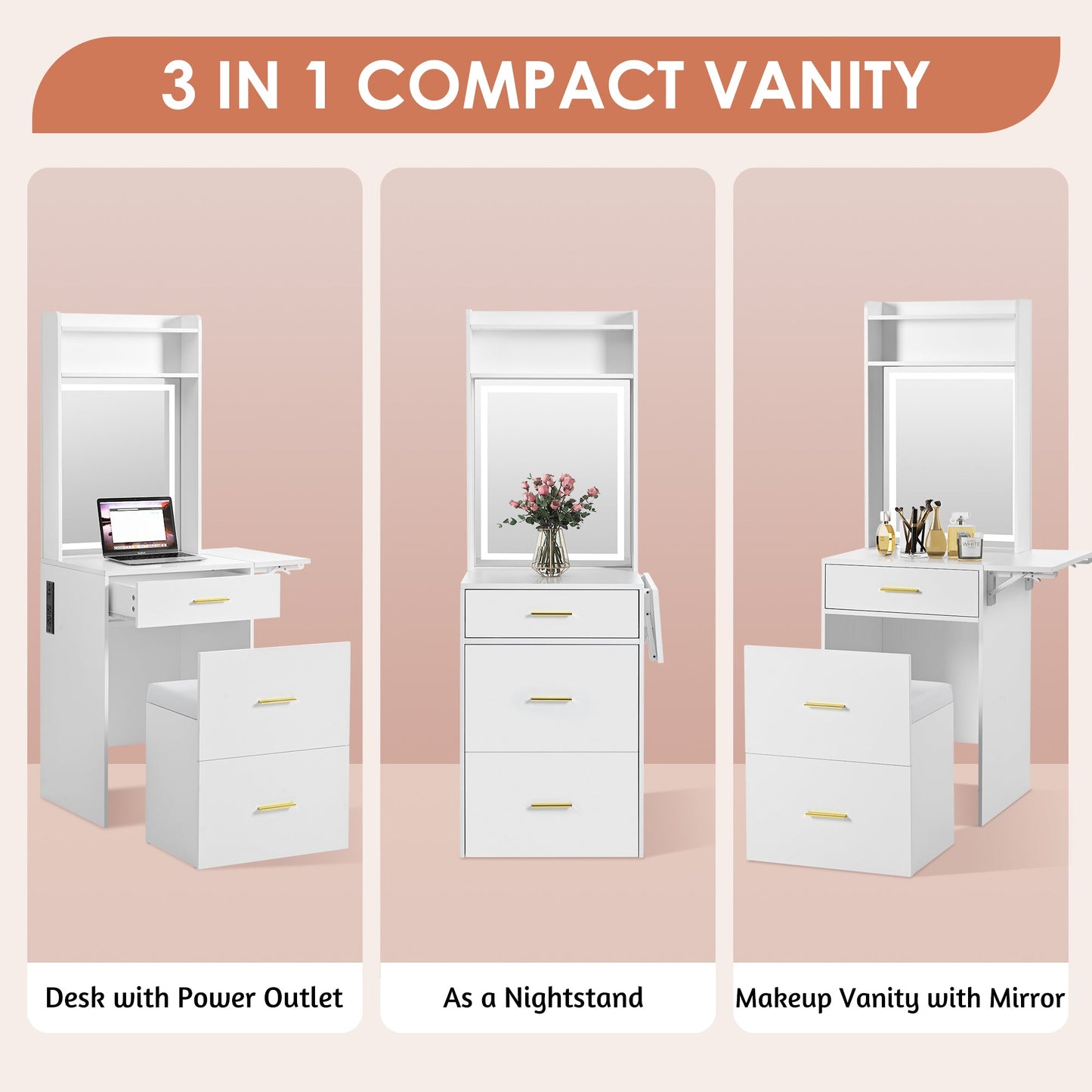 Small Vanity Desk With Mirror and Light, Dressing Table With Charging Station & Fold-Up Panel for Small Space, Compact