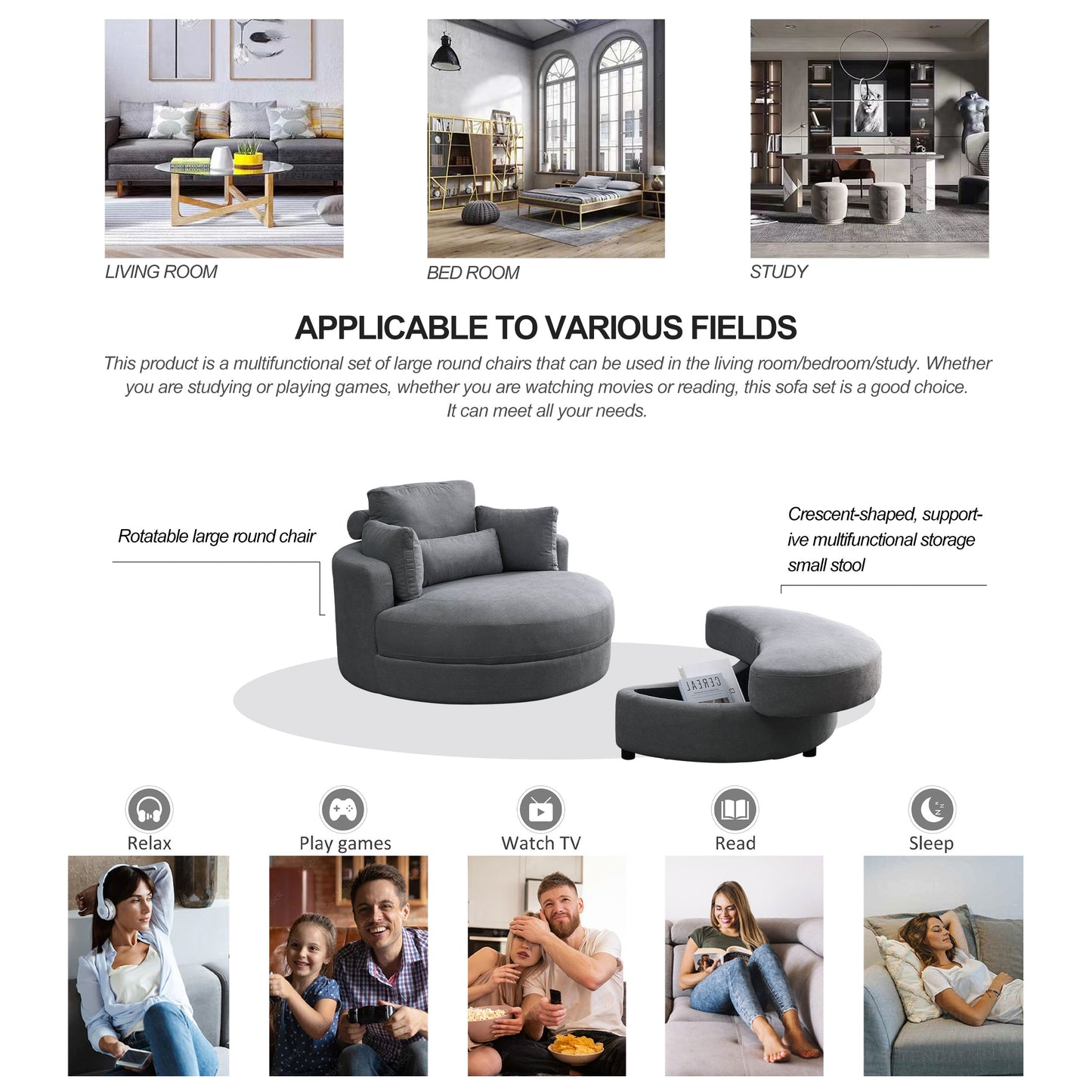 Swivel Accent Barrel Modern Dark Grey Sofa Lounge Club Big Round Chair With Storage Ottoman Linen Fabric for Living Room