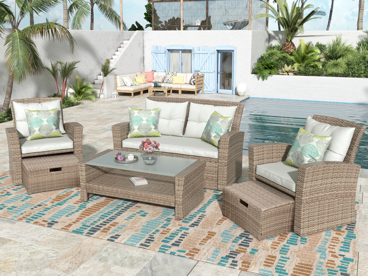Patio Furniture Set, 4 Piece Outdoor Conversation Set All Weather Wicker Sectional Sofa With Ottoman and Cushions
