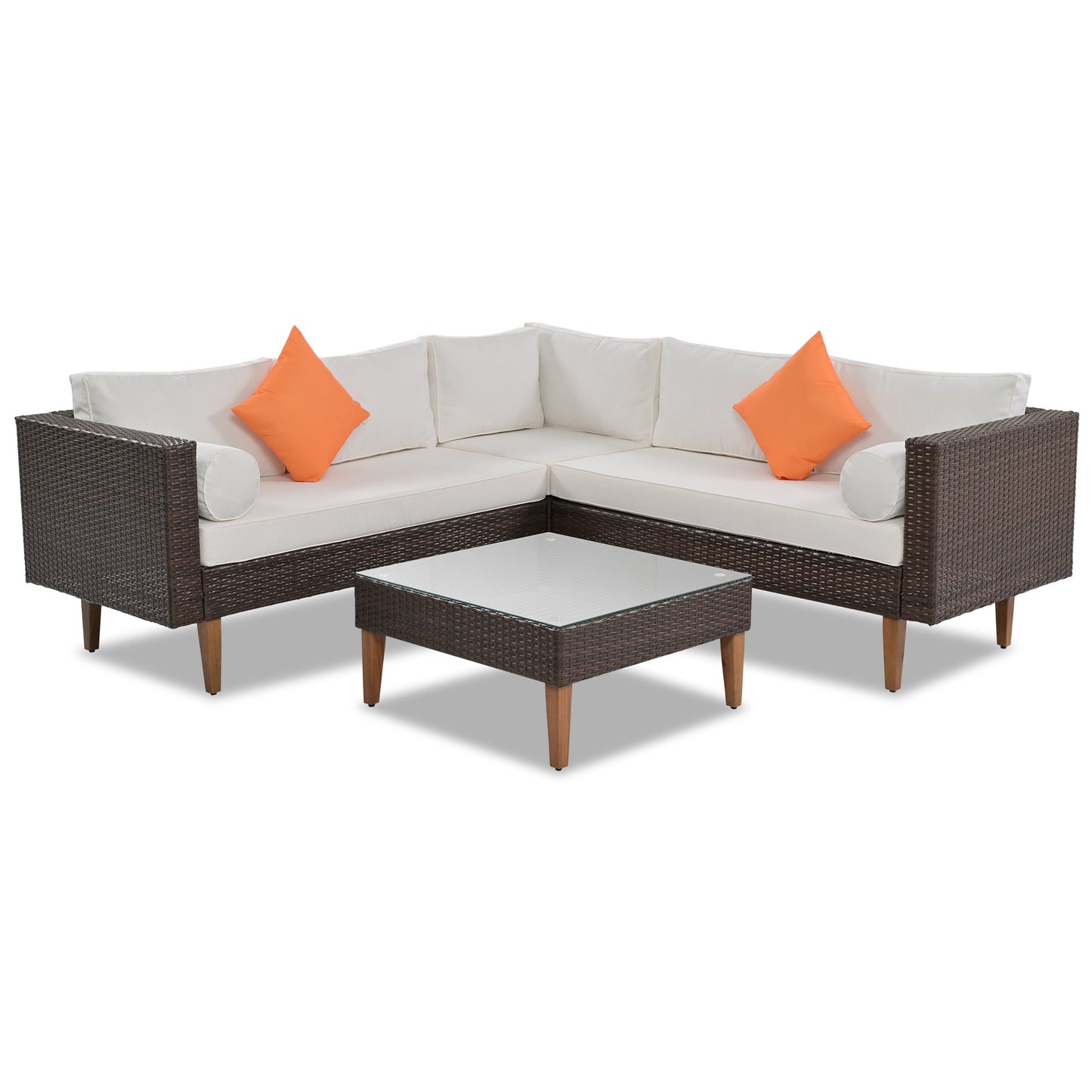 4-Pieces Outdoor Wicker Sofa Set, Patio Furniture With Colorful Pillows, L-Shape Sofa Set