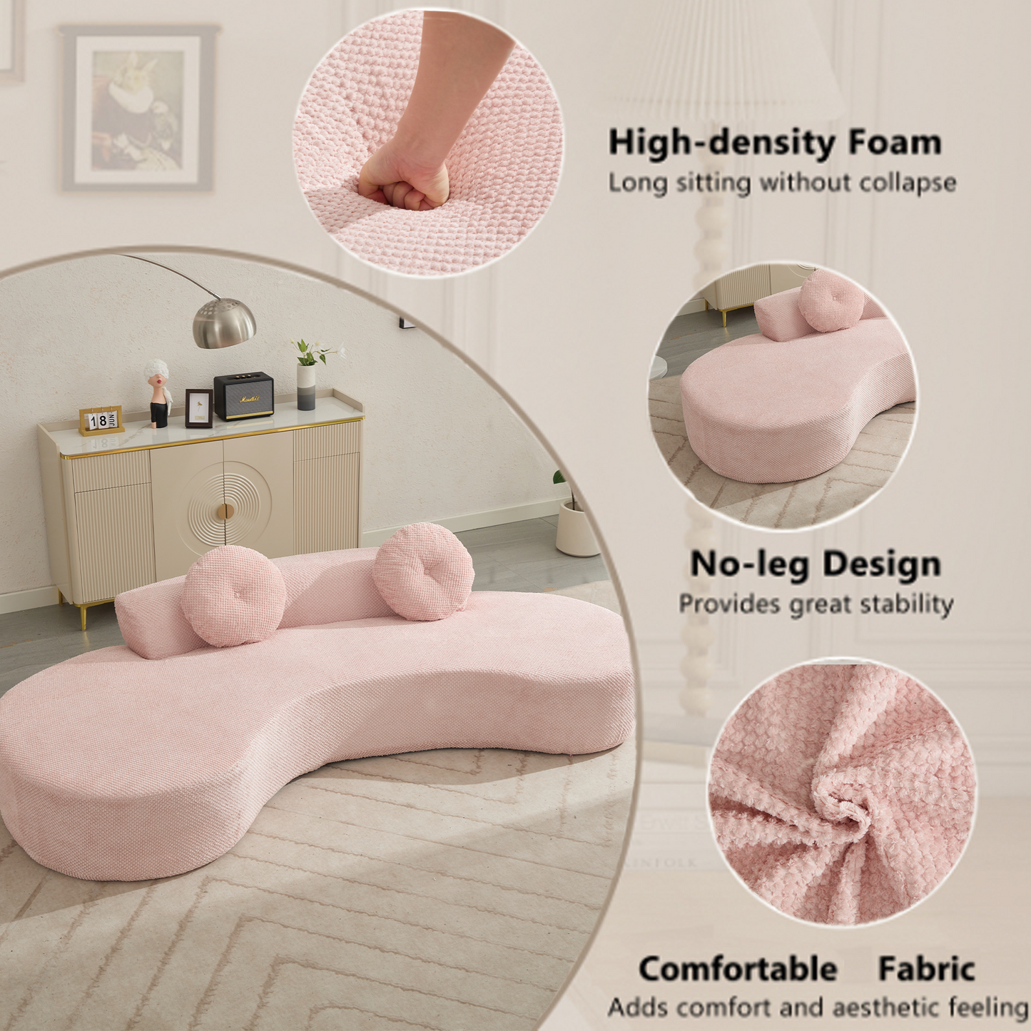 105.5''Curved Sofa, Modern Minimalist Sofa, Cloud Couch Sofa 3-4 Seater Couch With 2 Pillows,Bedroom, No Assembly Require