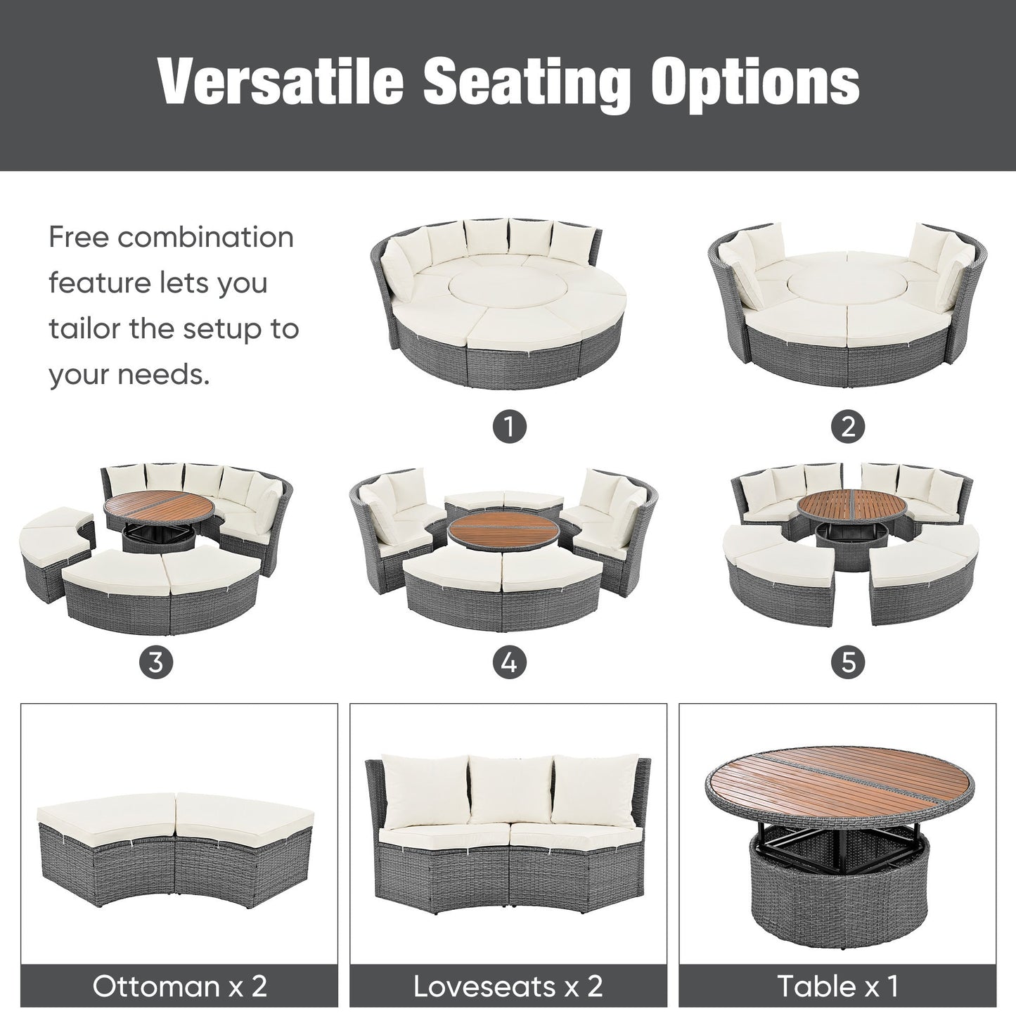 Patio 5-Piece Round Rattan Sectional Sofa Set All-Weather