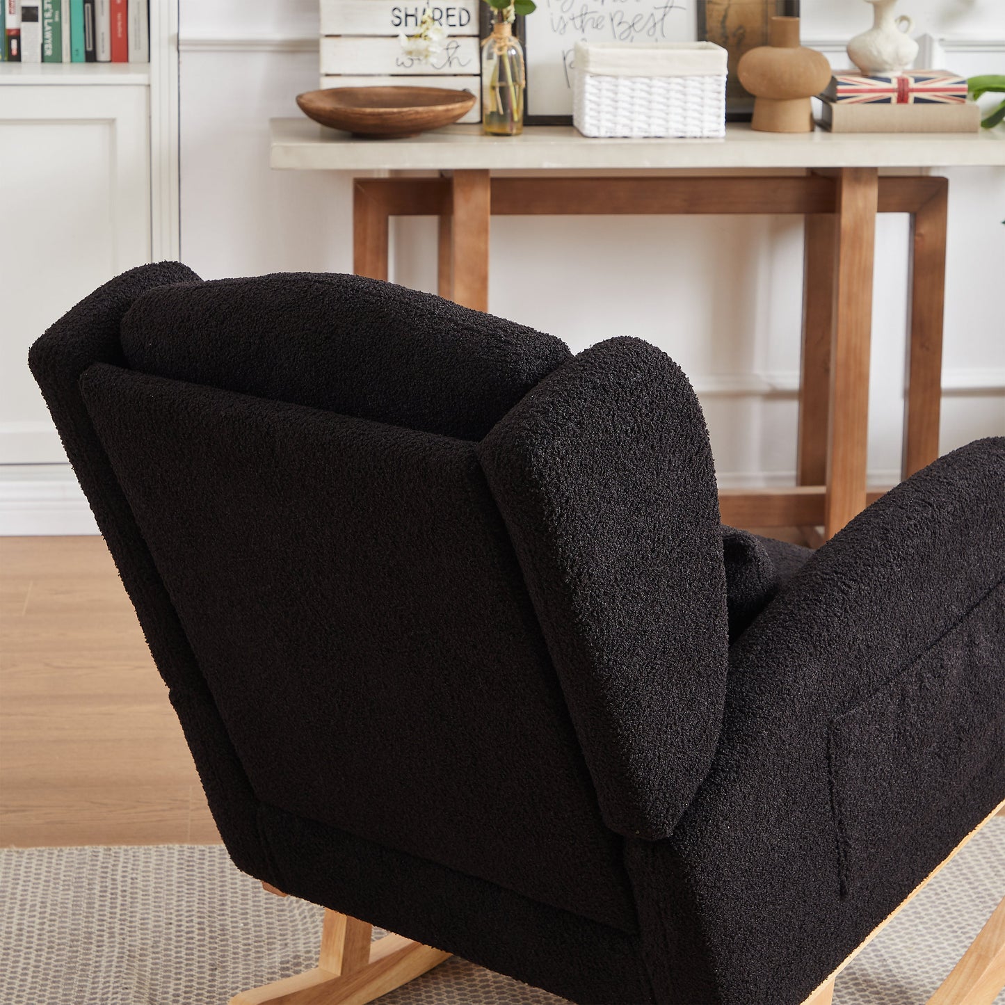Modern Accent High Backrest Living Room Lounge Arm Rocking Chair, Two Side Pocket