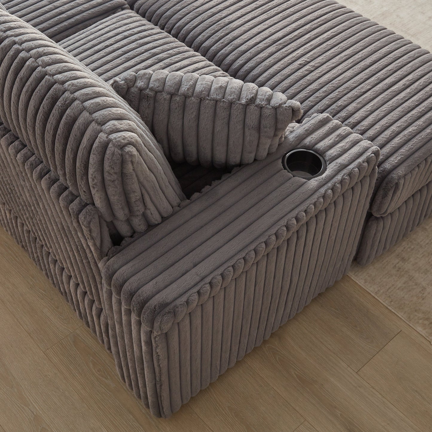 84Inch Corduroy 3-Seater Sofa With 3 Back Pillows ,2 Toss Pillows , a Ottoman ,2storage Spaces and Cup-Holding Grooves