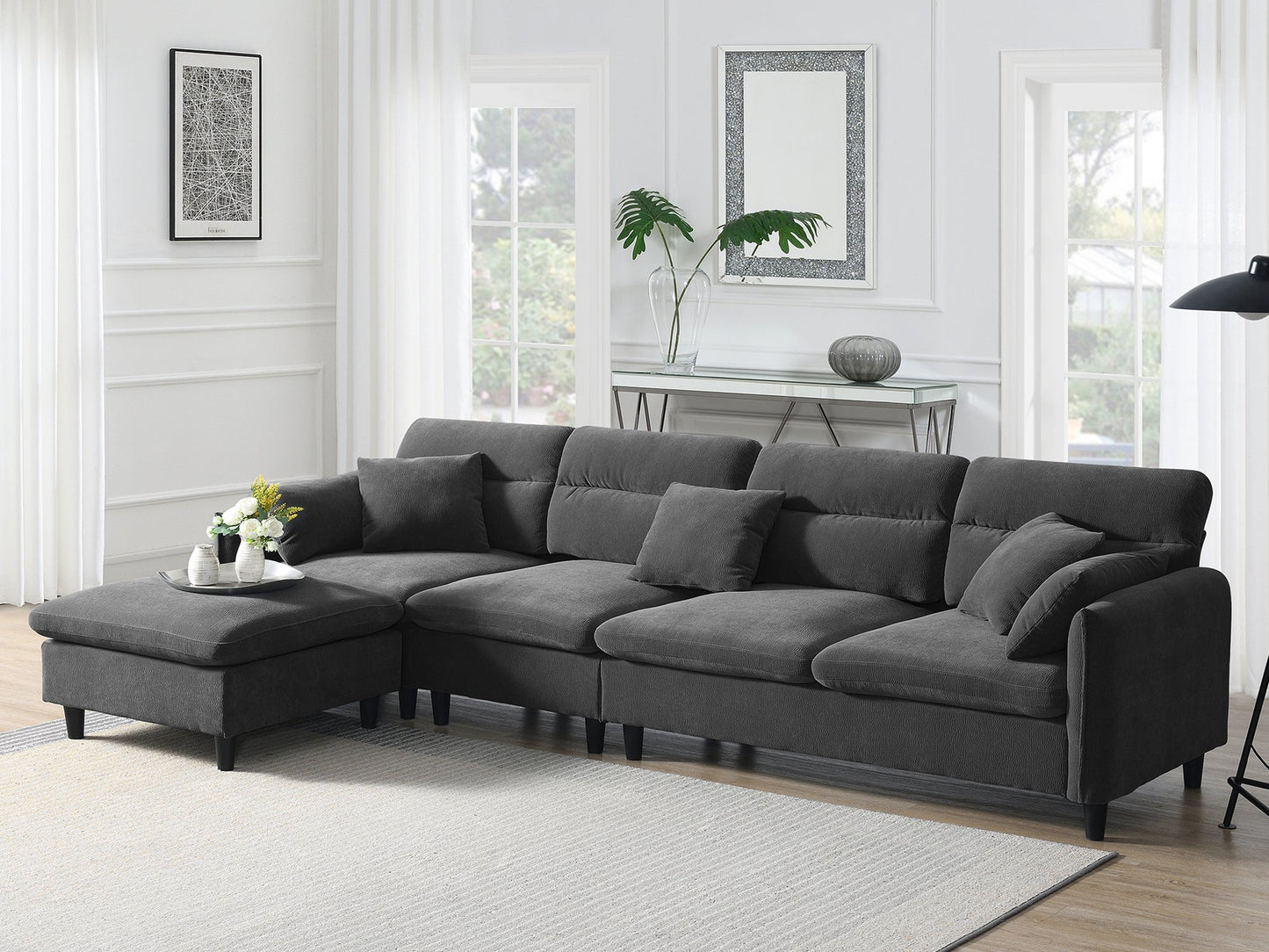 110*62" Modern Convertible Sectional Sofa,L-Shaped Reversible Couch Set With Free Pillows,5 Seat Cloud Chenille Indoor