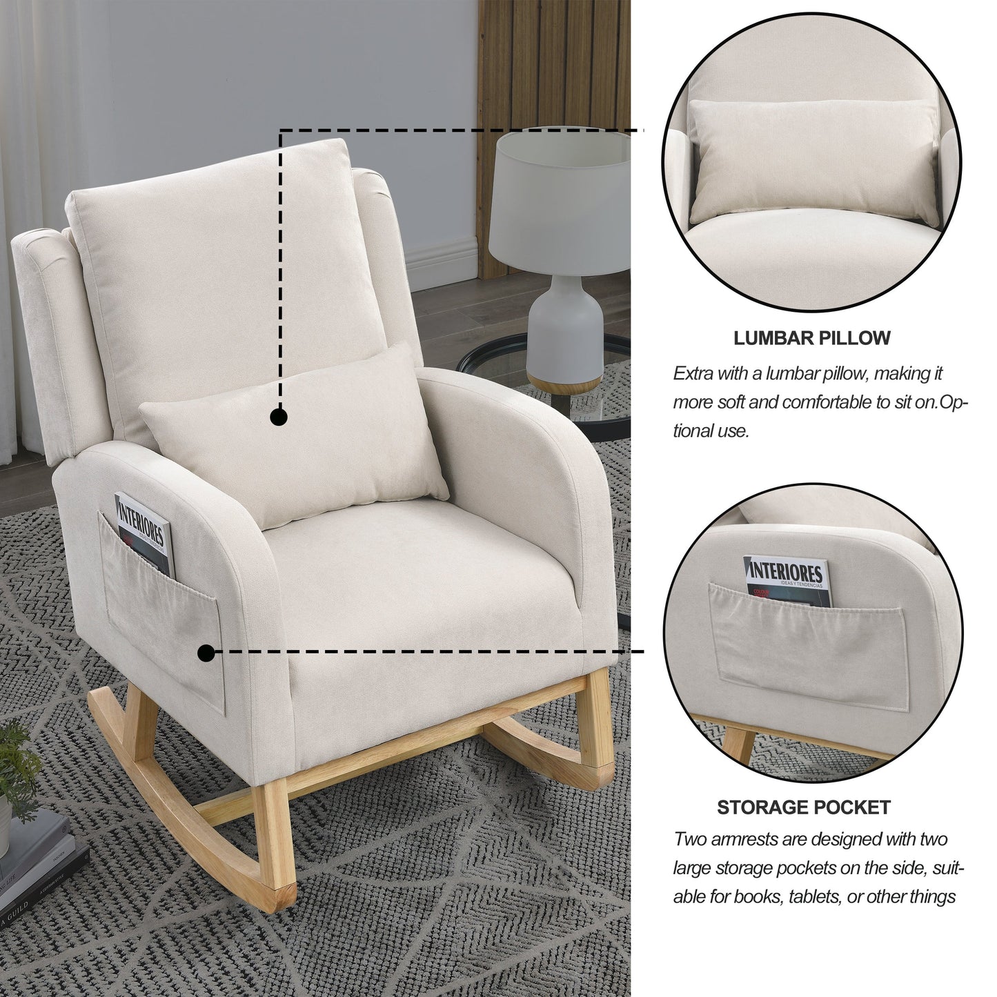 27.5 "W Modern Accent High Back Living Room Casual Armchair Rocker With One Lumbar Pillow, Two Side Pockets