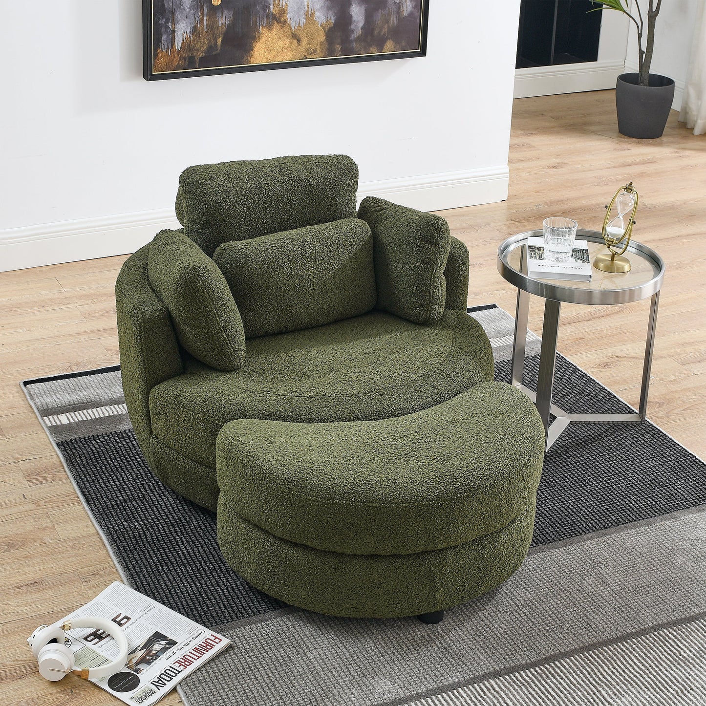 39"W Oversized Swivel Chair With Moon Storage Ottoman for Living Room, Modern Accent Round Loveseat Circle