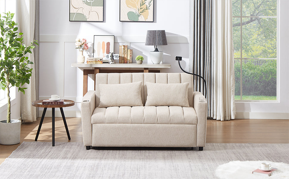 55.9" Convertible Sofa Bed Loveseat Sofa With Three USB Ports, Two Side Pockets, Two Cup Holders