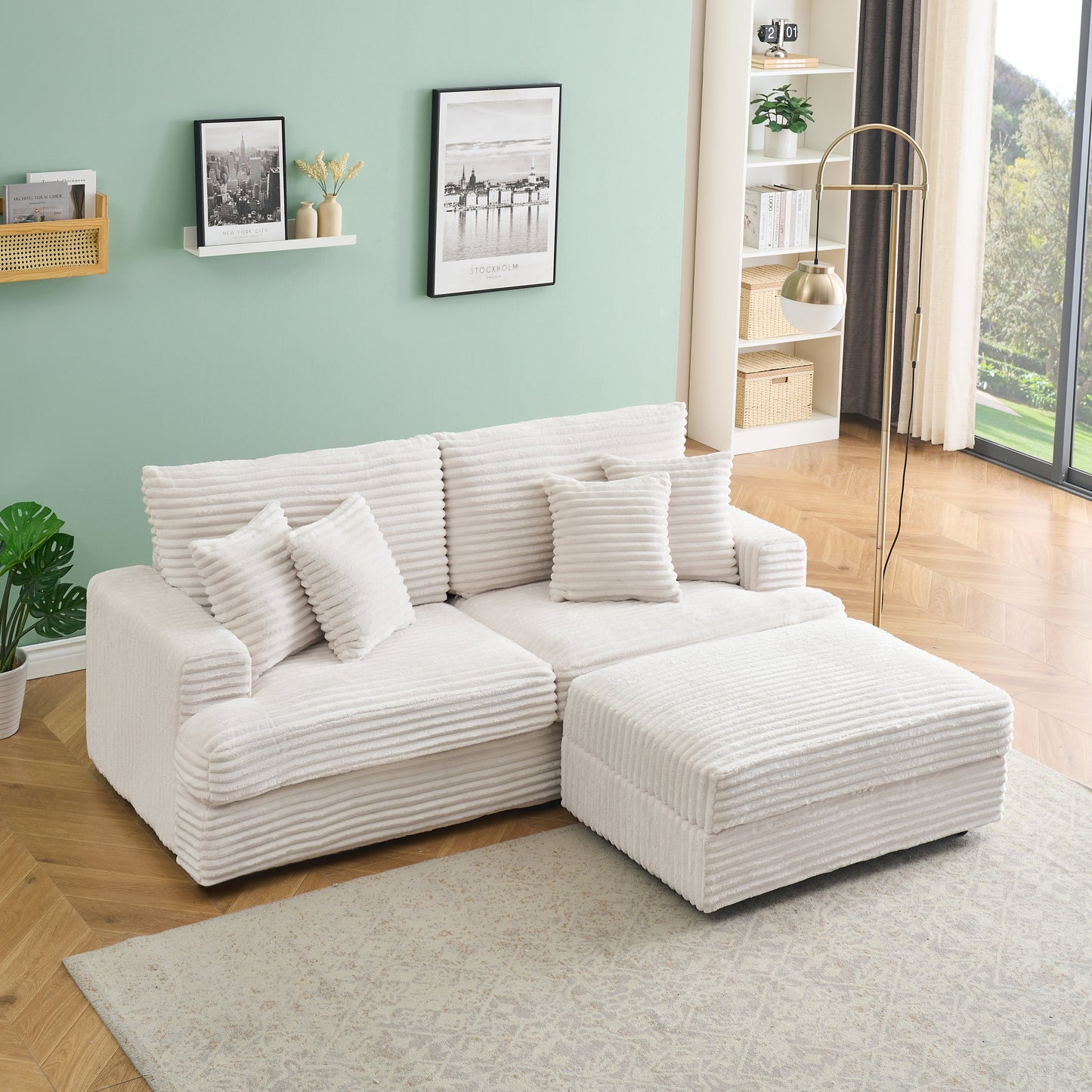82 Inches White Corduroy Sofa, Storage Feet +4 Throw Pillows, Create a Living Room, Office Fashion New Darling