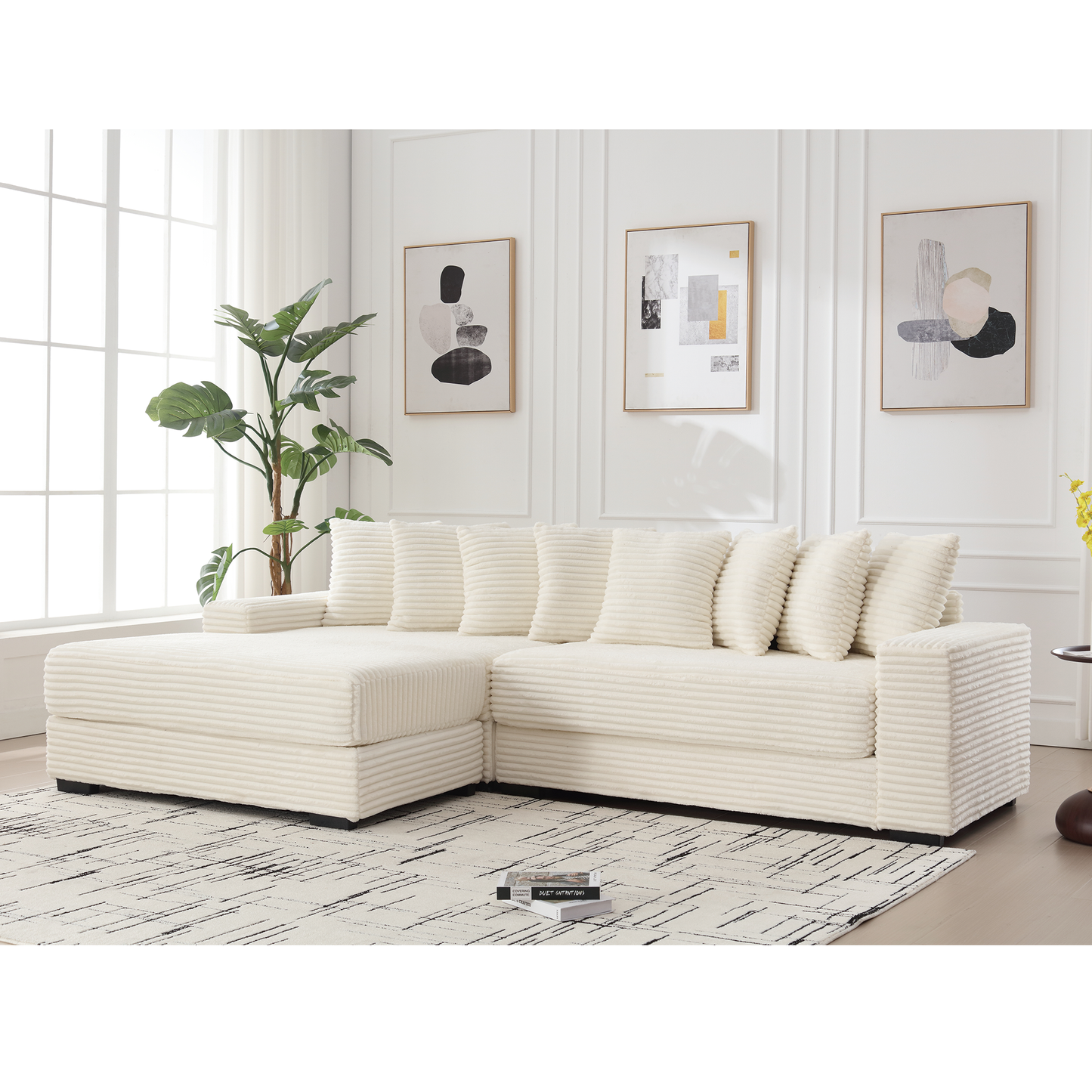 Oversized Two-Piece Couches, L Shaped Sofa, Corduroy, Left Chaise Daybed,with Armrests,Eight Throw Pillows,Corner Sofa
