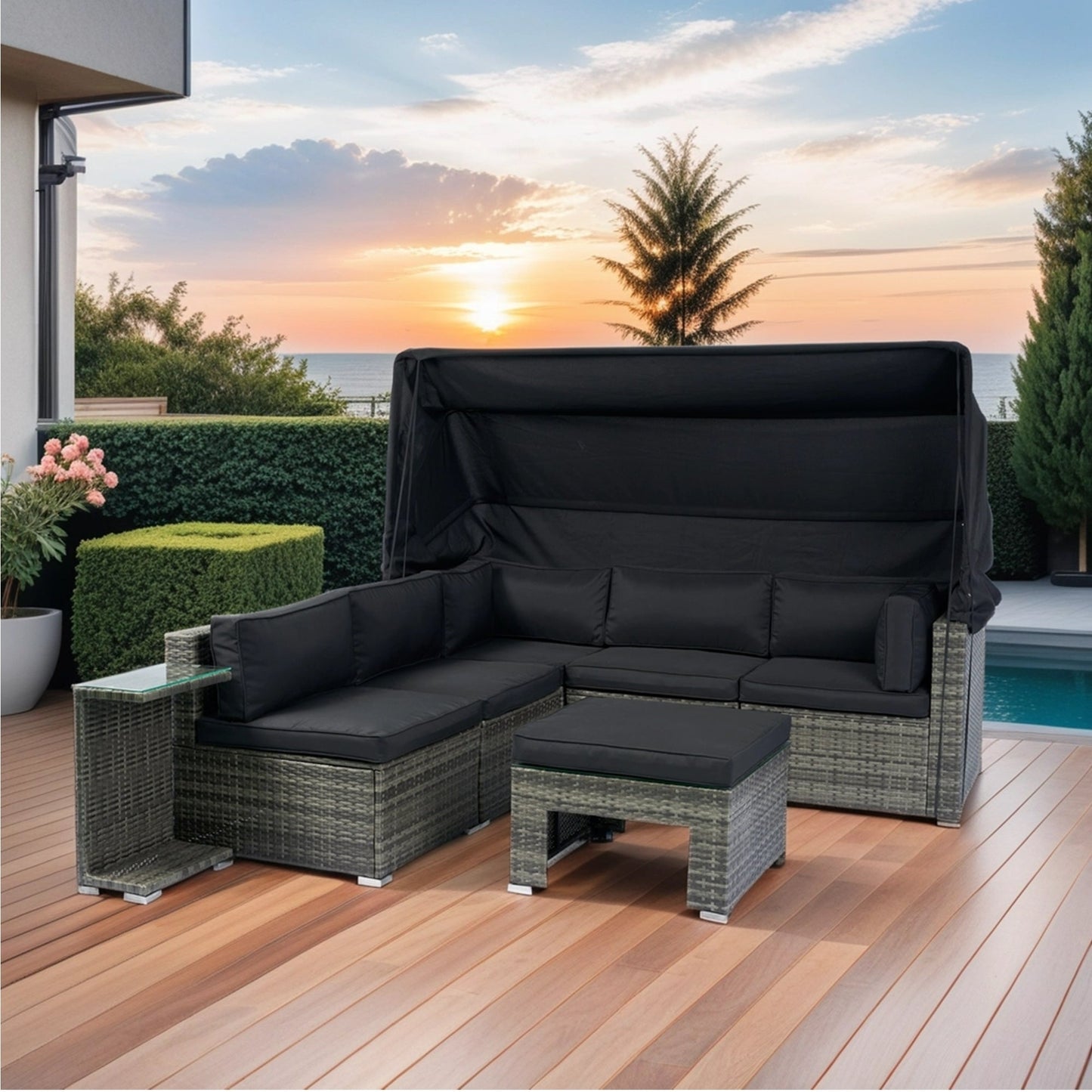 7-Piece Patio Furniture Set W/Retractable Canopy Wicker Rattan Sectional Sofa Set Patio Furniture With Washable Cushions