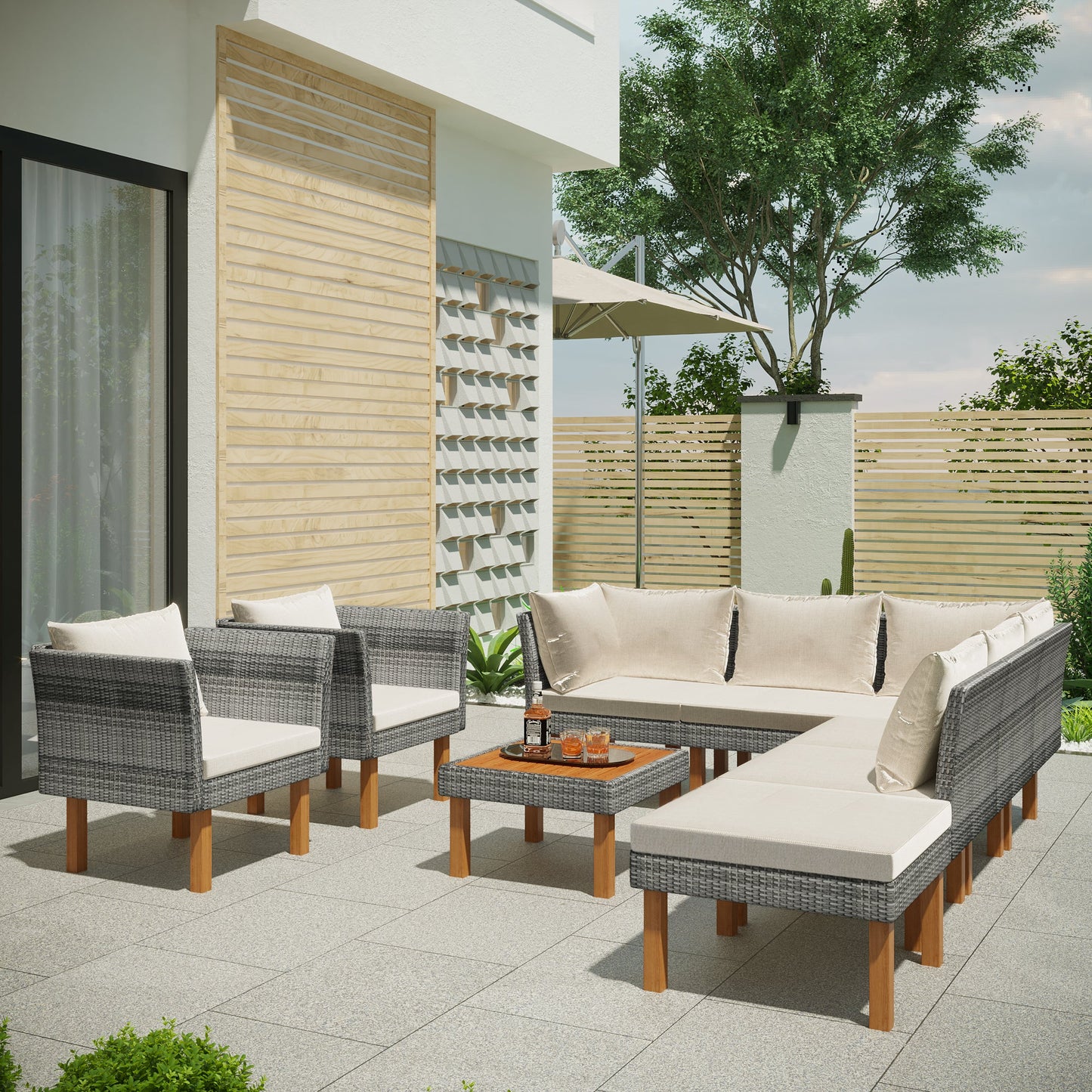 9-Piece Outdoor Patio Garden Wicker Sofa Set, Gray PE Rattan Sofa Set, With Wood Legs, Acacia Wood Tabletop