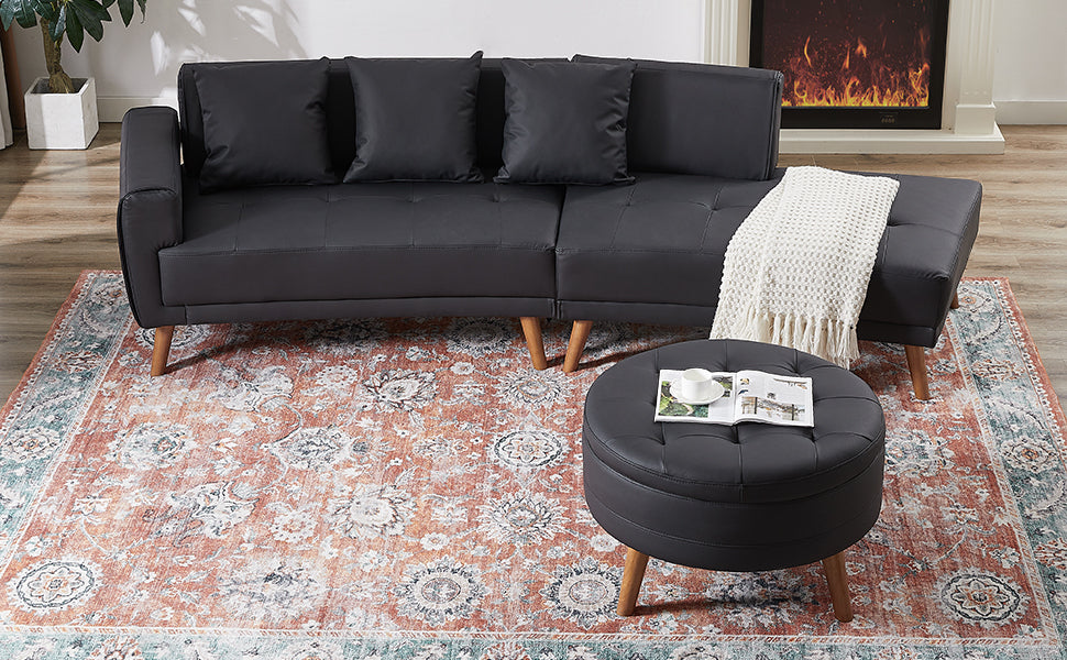 107" Contemporary Sofa Stylish Sofa Couch With a Round Storage Ottoman and Three Removable Pillows for Living Room, Black