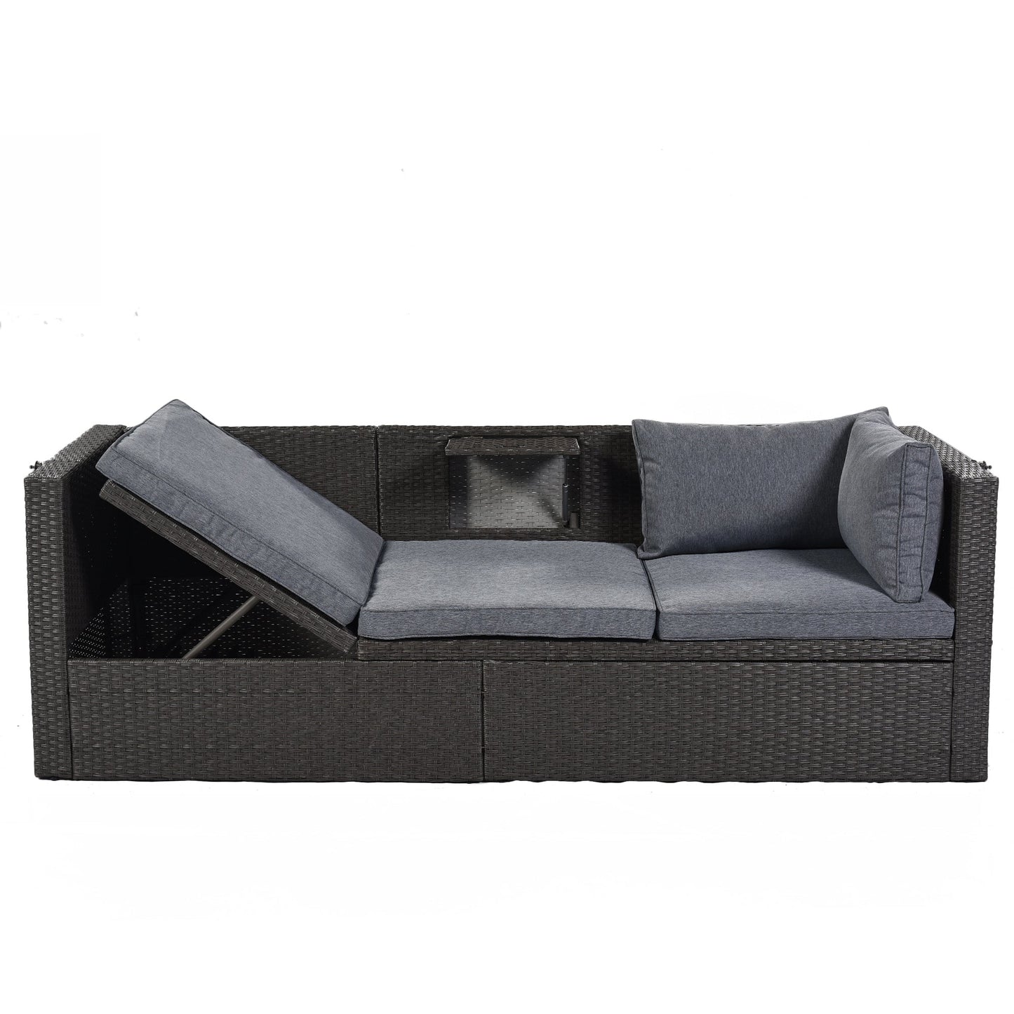 Outdoor Patio Rectangle Daybed With Retractable Canopy, Wicker Furniture Sectional Seating With Washable Cushions