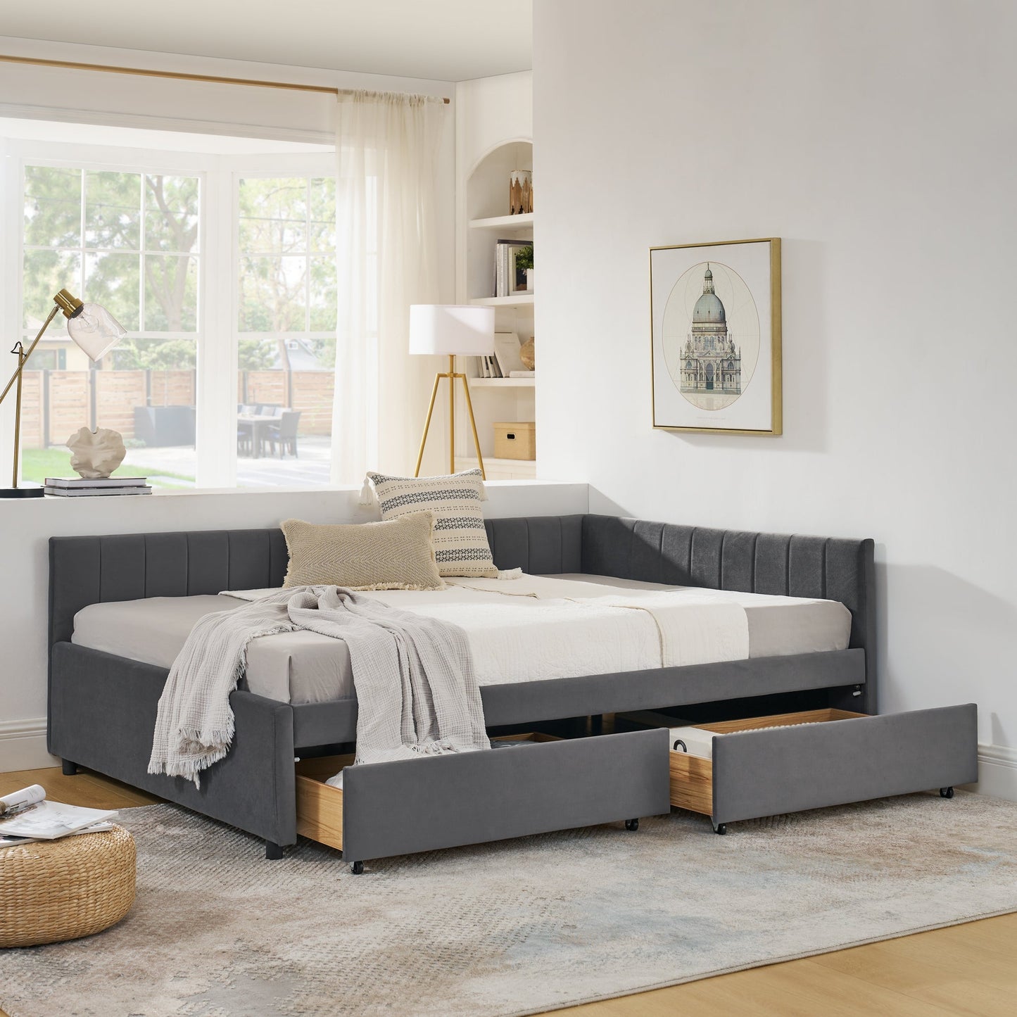 Full Size Upholstered Tufted Bed Frame With Two Drawers, Sofa Bed Frame With Comfortable Backrest and Armrests, Velvet