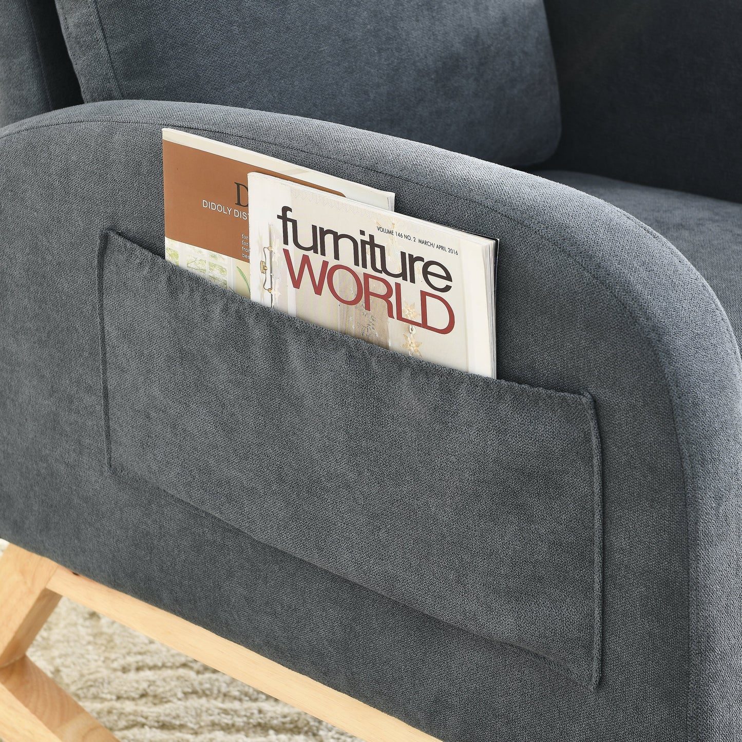 Modern Accent High Backrest Living Room Lounge Arm Rocking Chair, Two Side Pocket