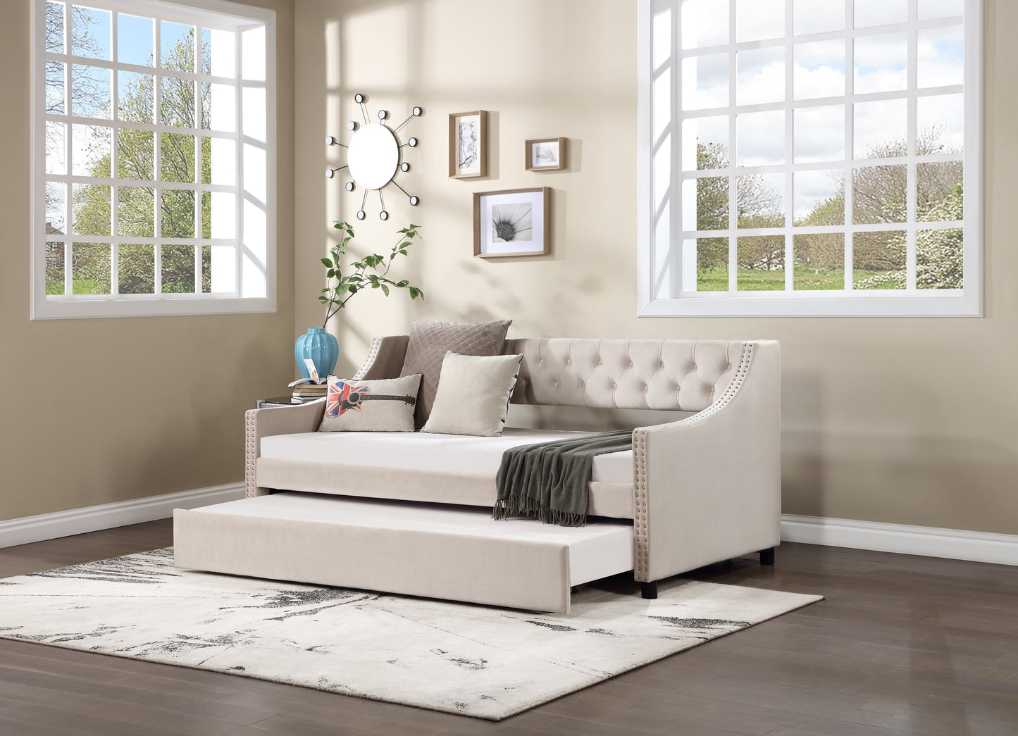 Daybed With Trundle Upholstered Tufted Sofa Bed, With Button and Copper Nail on Arms Full Size Beige