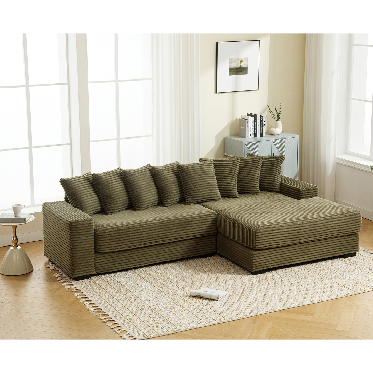 Oversized Two-Piece Couches, L Shaped Sofa, Corduroy, Right Chaise Daybed,with Armrests,Eight Throw Pillows,Corner Sofa