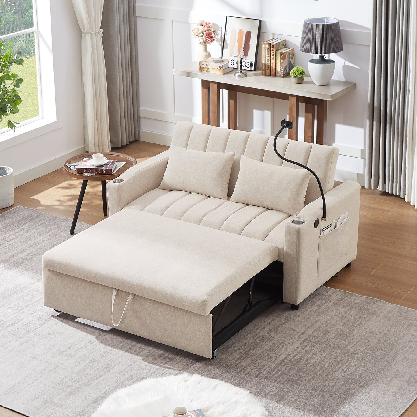 55.9" Convertible Sofa Bed Loveseat Sofa With Three USB Ports, Two Side Pockets, Two Cup Holders
