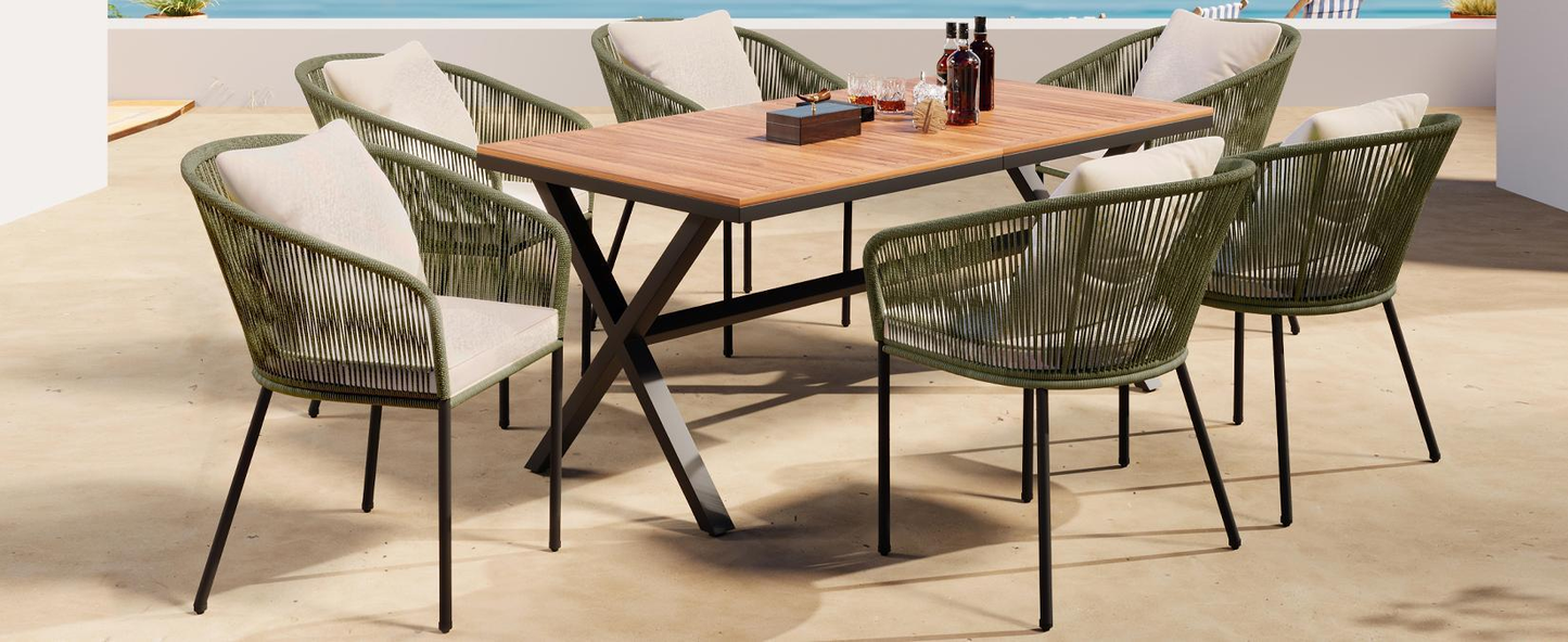 7 Pieces Patio Dining Set, All-Weather Outdoor Furniture Set With Dining Table and Chairs, Acacia Wood Tabletop