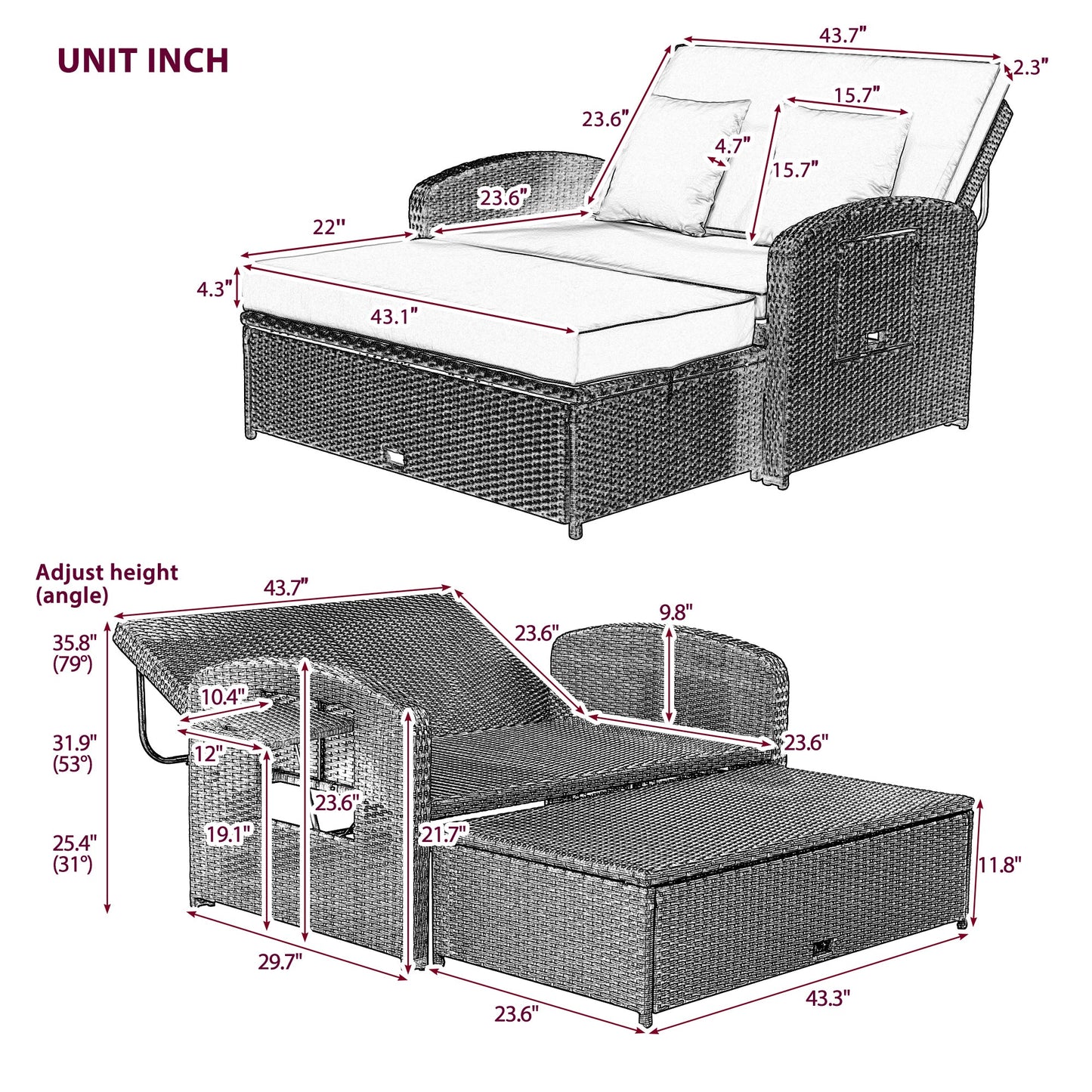 PE Wicker Rattan Double Chaise Lounge, 2-Person Reclining Daybed With Adjustable Back and Cushions