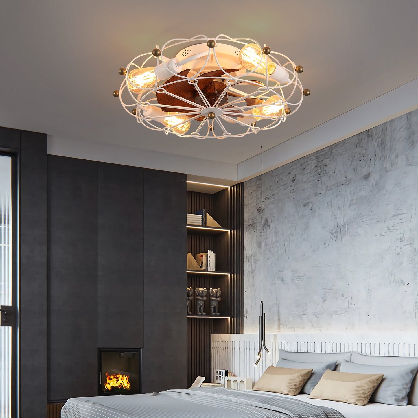 Low Profile Caged Ceiling Fan With Lights Remote Control, Embedded Modern Industrial Ceiling Fan