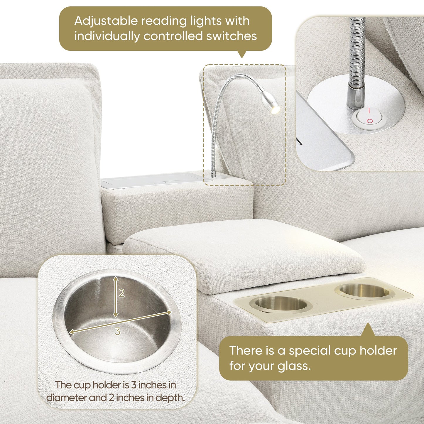 109*57" Modern Sectional Cloud Sofa With Console,USB Charger,Reading Light,Cup Holder,Wide Seat,4 Seat Chenille Modular