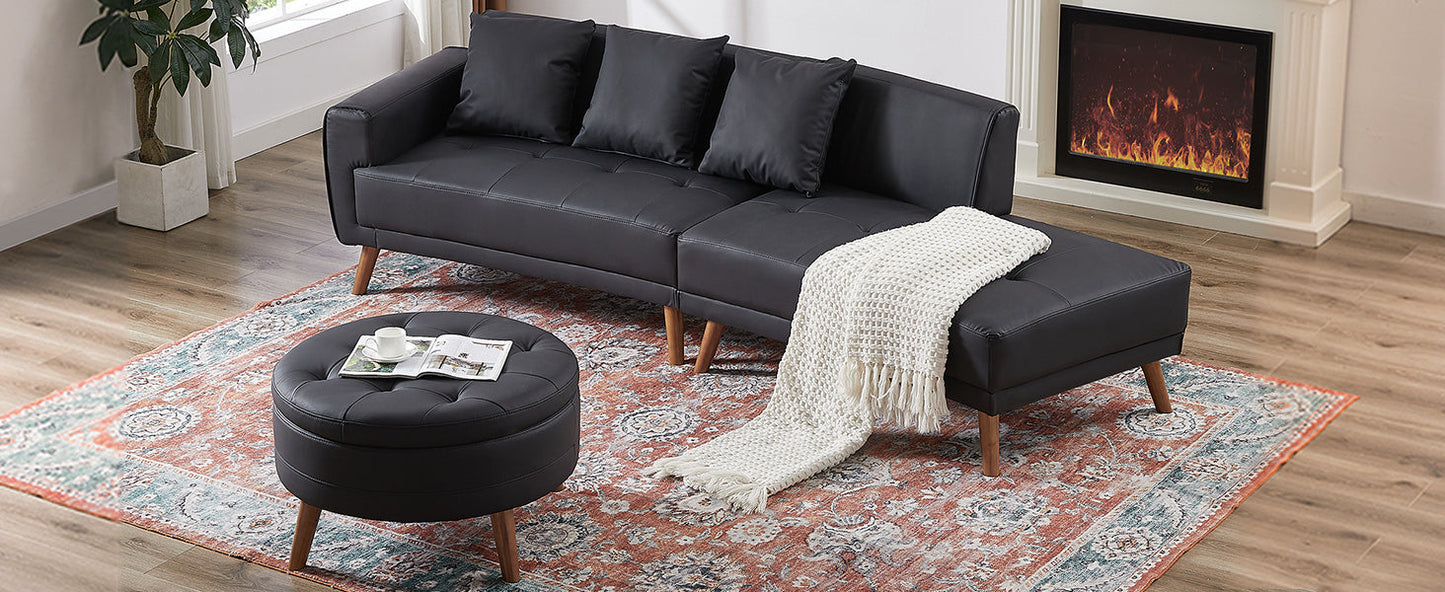 107" Contemporary Sofa Stylish Sofa Couch With a Round Storage Ottoman and Three Removable Pillows for Living Room, Black
