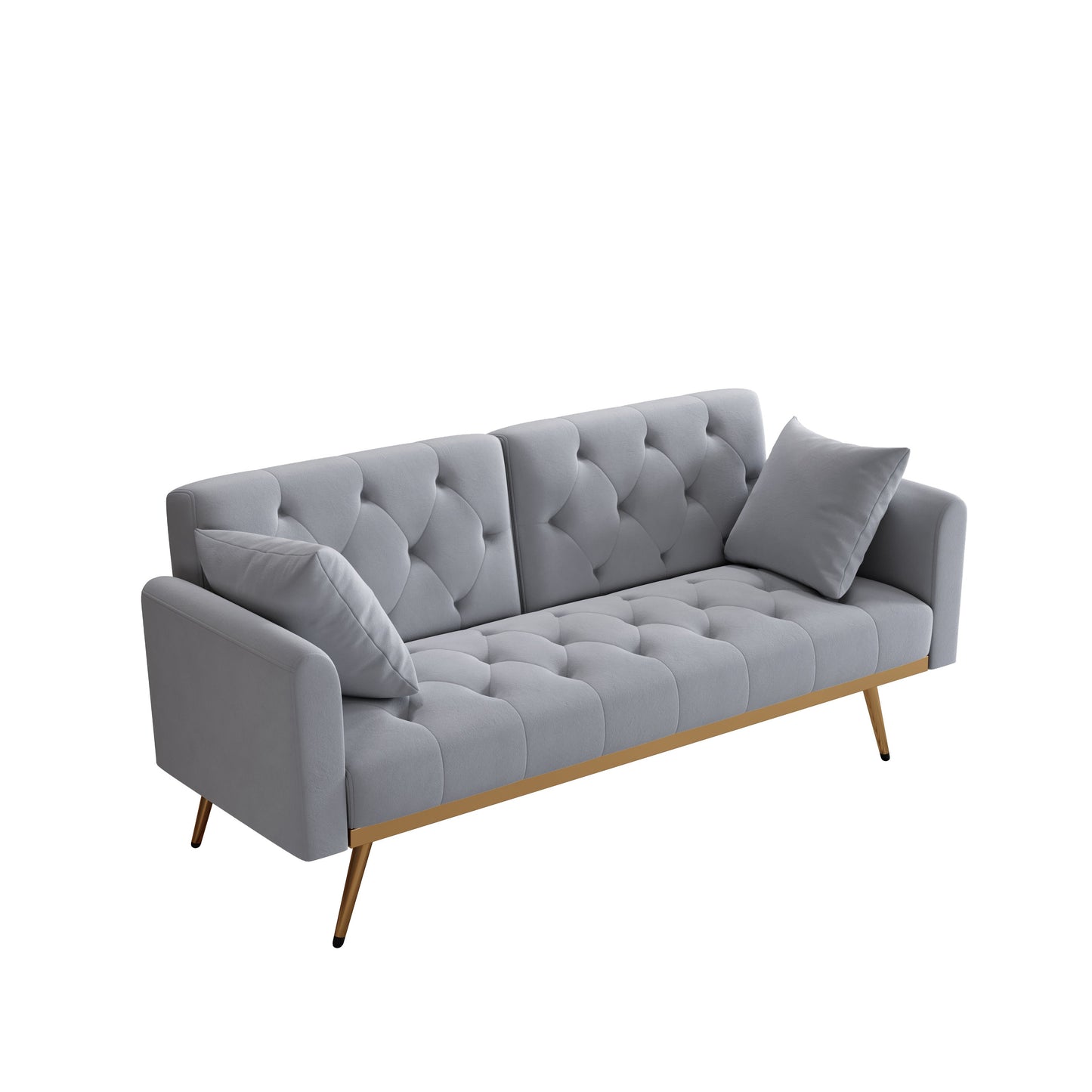 68.3" Gray Velvet Nail Head Sofa Bed With Throw Pillow and Midfoot