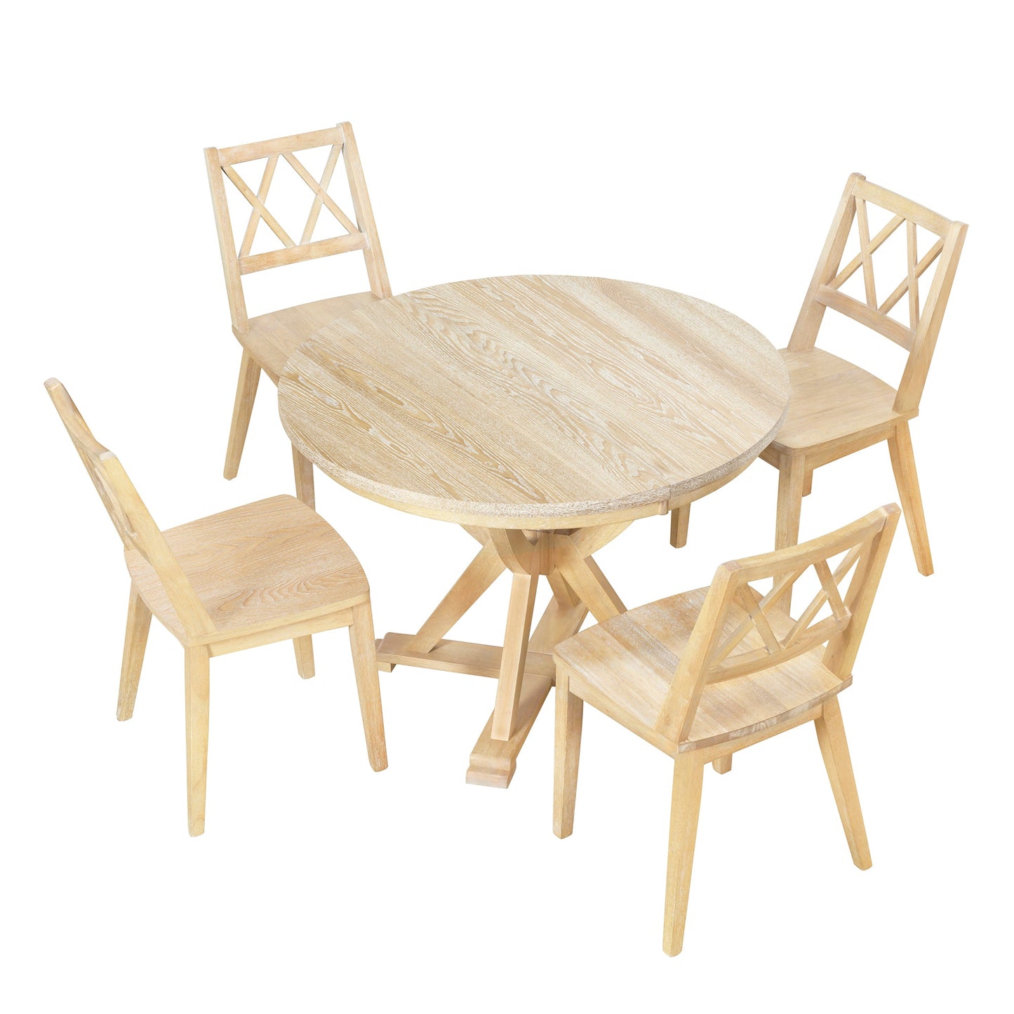 Mid-Century 5-Piece Extendable Round Dining Table Set With 15.7" Removable Leaf and 4 Cross Back Dining Chairs, Natural