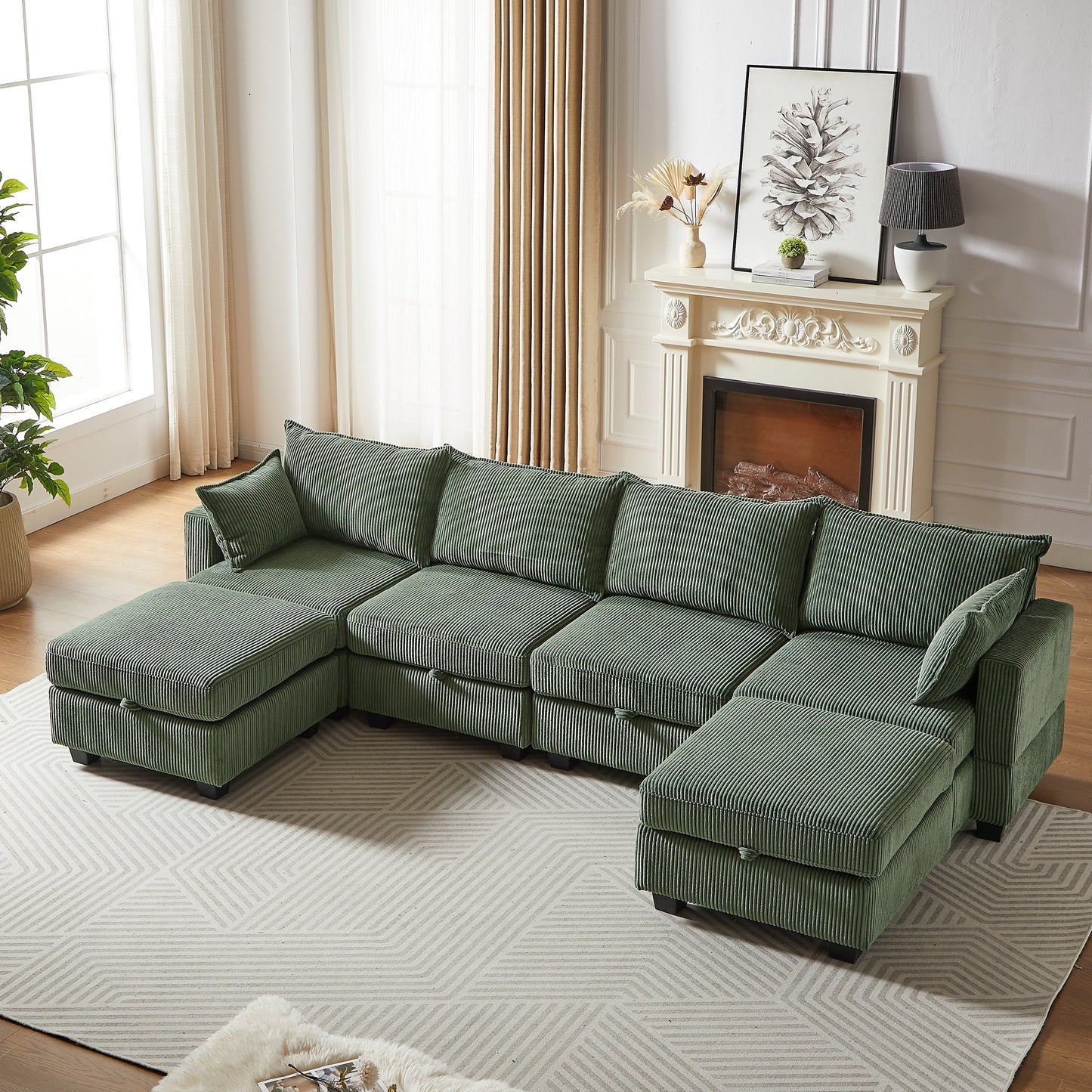 113.5'' Modular Sectiona Corduroy Sofa, Sectional Couches for Living Room U Shaped Sectional Couch With Storage Ottoman