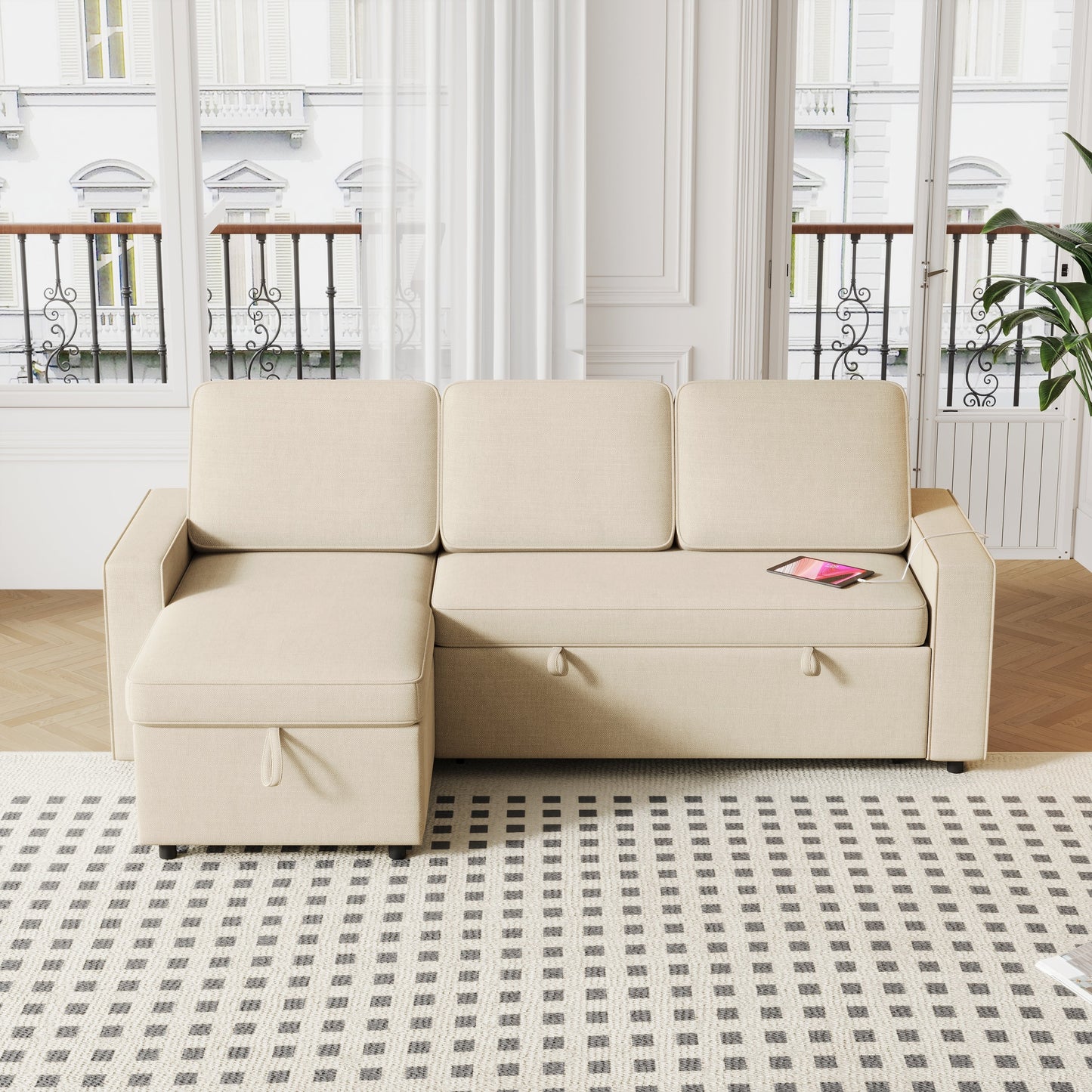 85.8" Pull Out Sleeper Sofa L-Shaped Couch Convertible Sofa Bed With Storage Chaise and Storage Racks,With USB Port