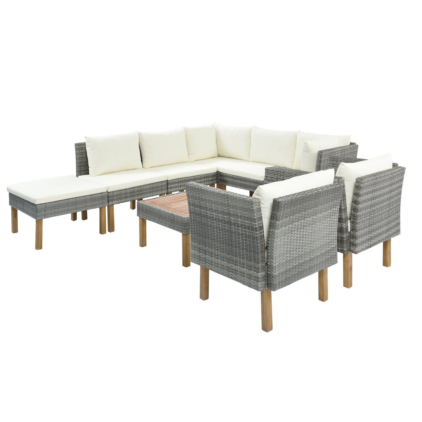 9-Piece Outdoor Patio Garden Wicker Sofa Set, Gray PE Rattan Sofa Set, With Wood Legs, Acacia Wood Tabletop