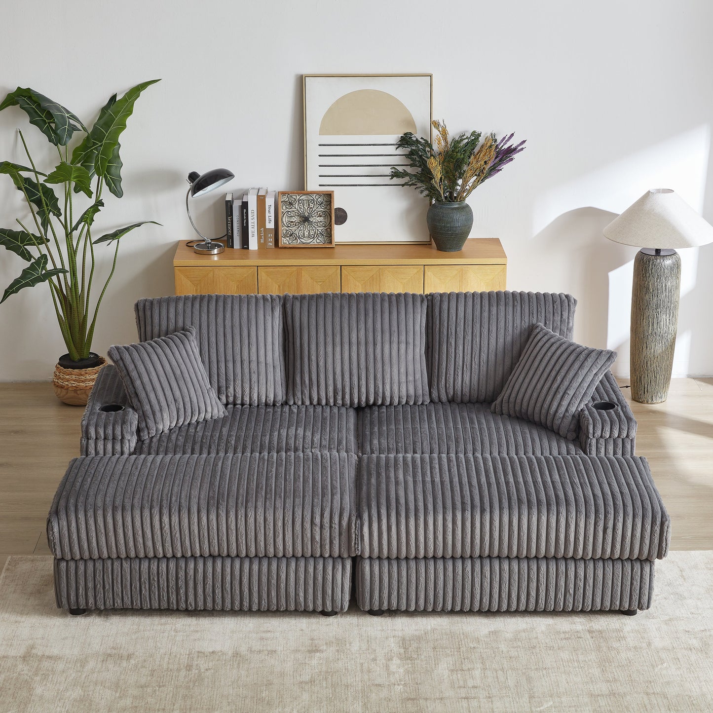 84Inch Corduroy 3-Seater Sofa With 3 Back Pillows ,2 Toss Pillows , a Ottoman ,2storage Spaces and Cup-Holding Grooves