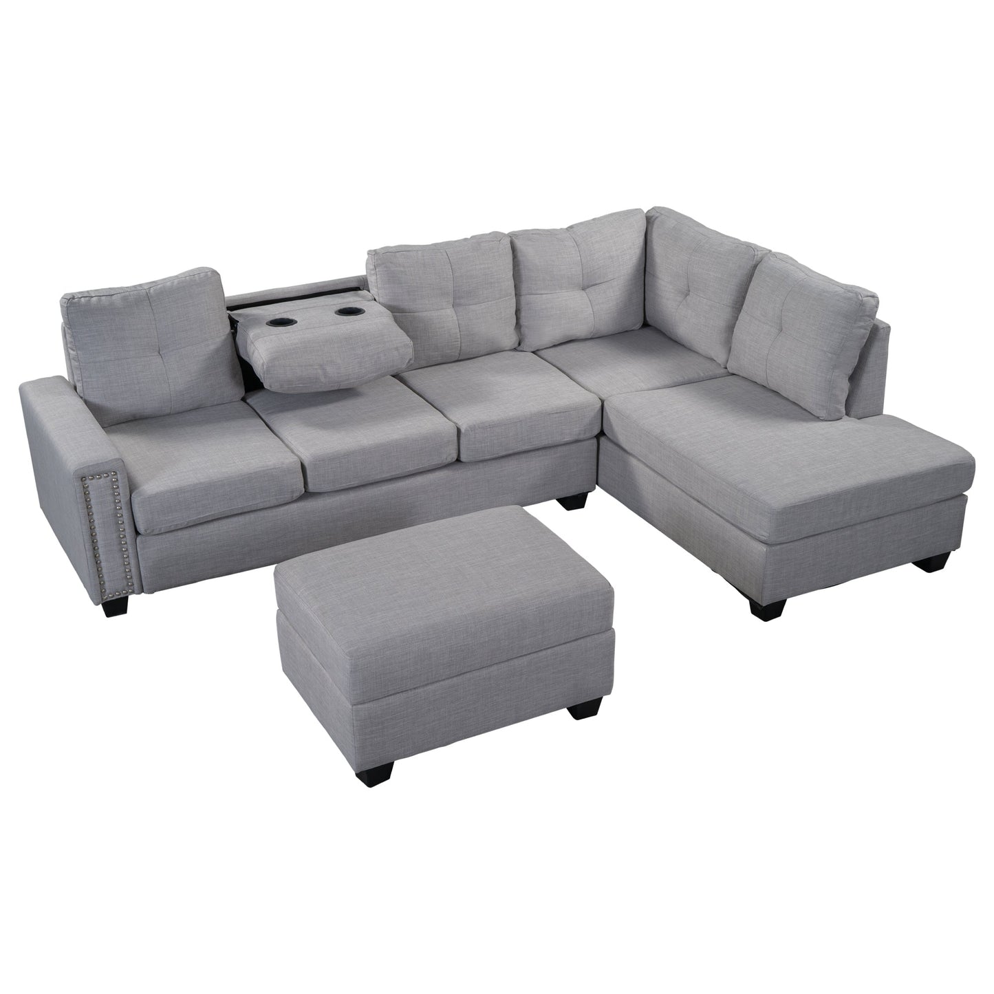 Reversible Sectional Sofa Space Saving With Storage Ottoman Rivet Ornament