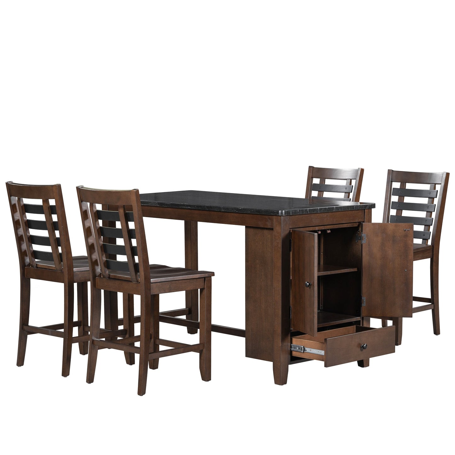 Counter Height 5-Piece Dining Table Set With Faux Marble Tabletop, Solid Wood Table Set With Storage Cabinet and Drawer