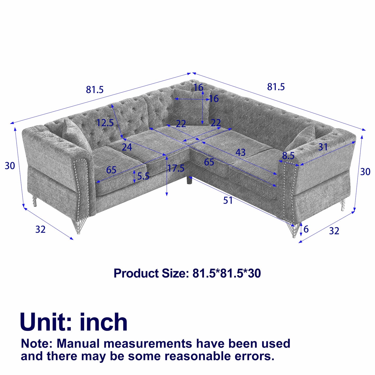 81.5-Inch Chenille Corner Sofa , L-Shaped Sectional Couch, 5-Seater Corner Sofas With 3 Cushions for Living Room, Bedroom