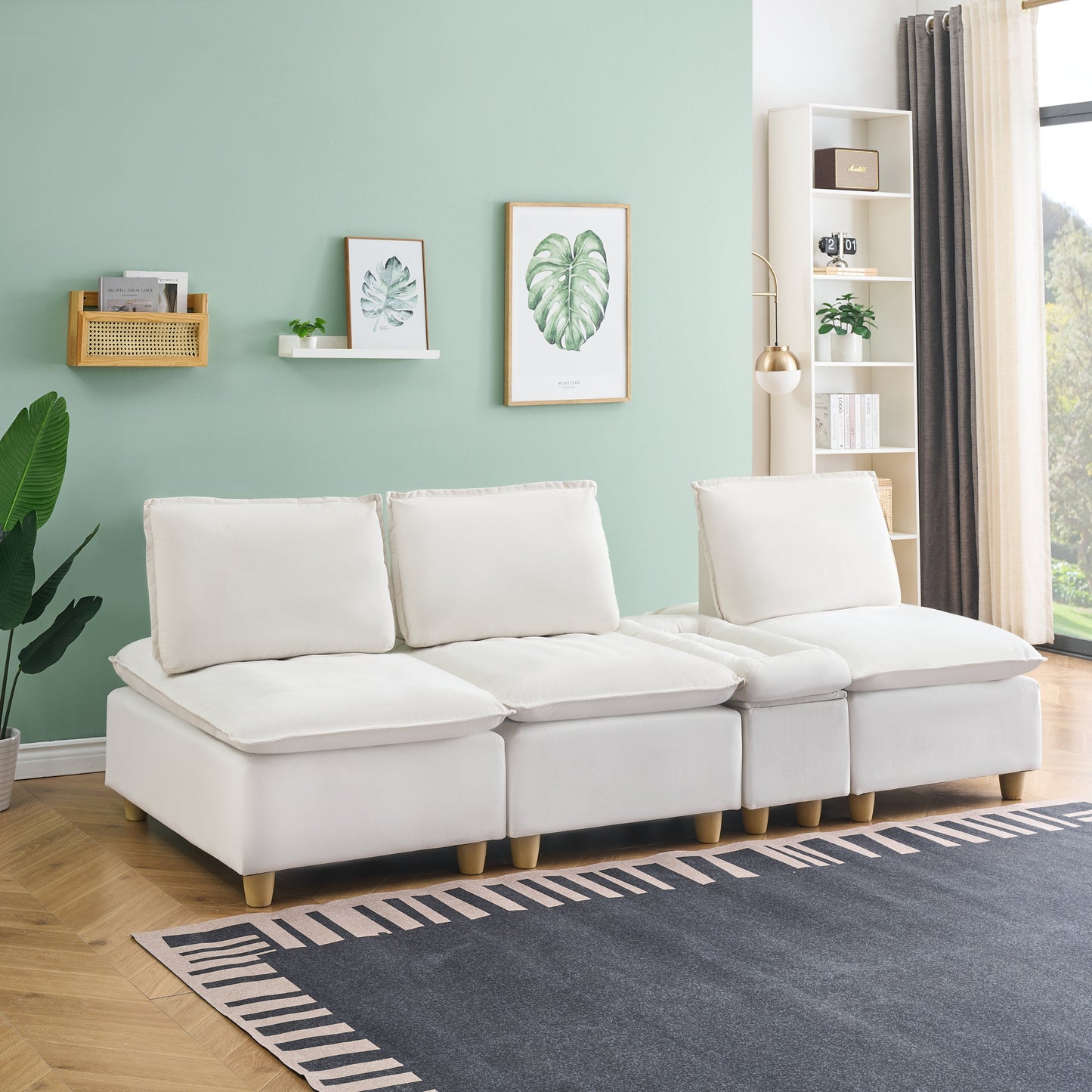 104-Inch Fashionable and Minimalist Straight-Row Three-Seater Off-White Flannel Sofa With a Storage Compartment, Cup Holder