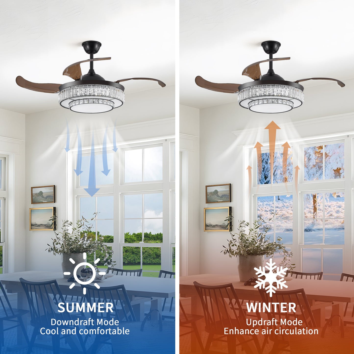 Contemporary LED Retractable Ceiling Fan With Light and Remote Control, Quiet Reversible Motor