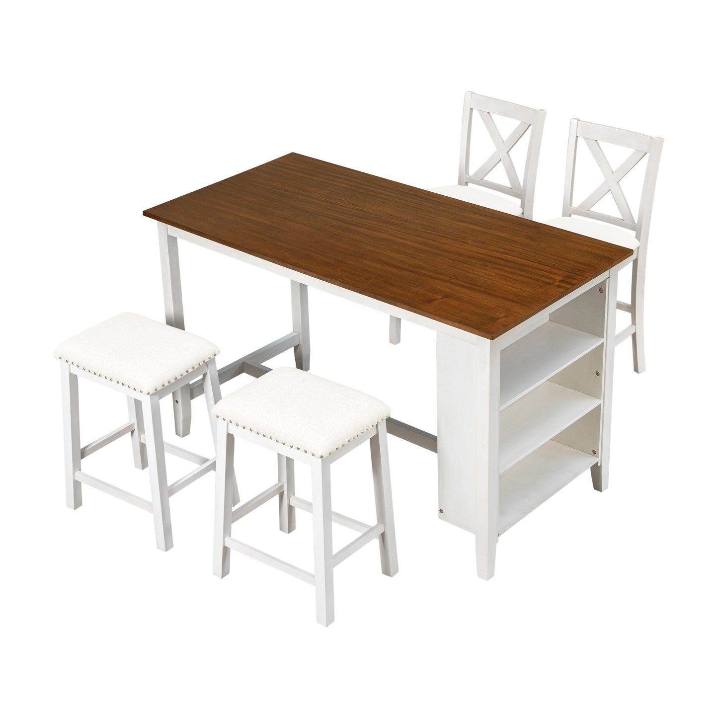 5 Pieces Counter Height Rustic Farmhouse Dining Room Wooden Bar Table Set With 2 Stools and 2 Chairs, White