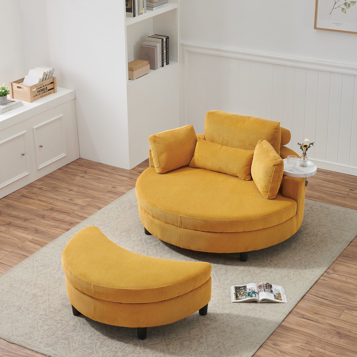 51-Inch Beige Corduroy Sofa With Two Throw Pillows and a Waist Pillow With an Extra Tray for Comfortable Seating