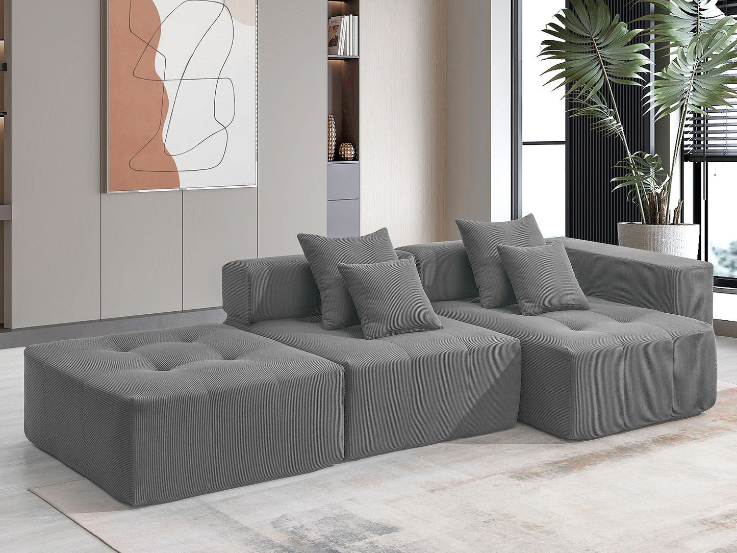 105.5''L Shaped Modular Sectional Sofa,Minimalist Corduroy Floor Couch Set,Convertible Foam-Filled Cloud Compressed Couch