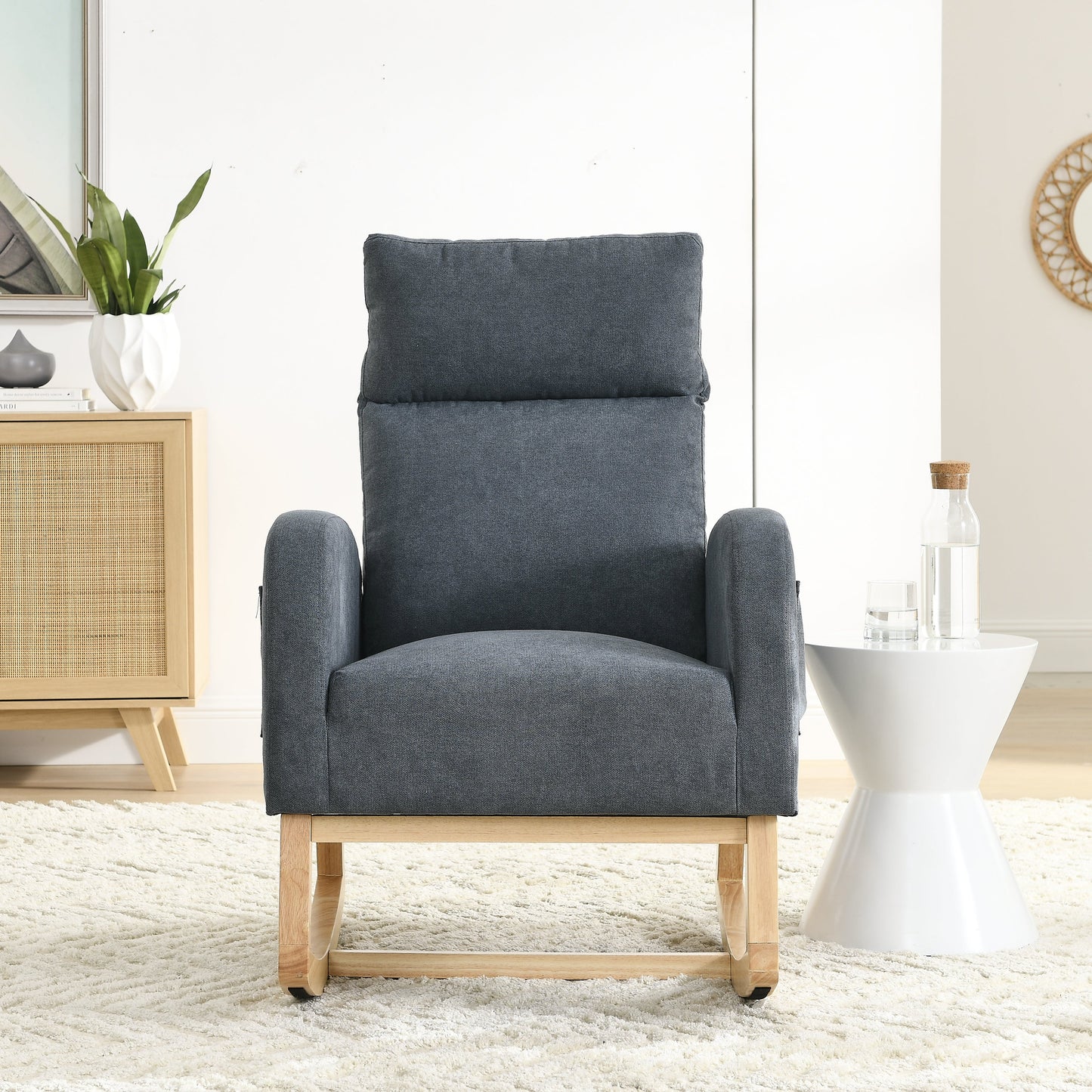 Modern Accent High Backrest Living Room Lounge Arm Rocking Chair, Two Side Pocket